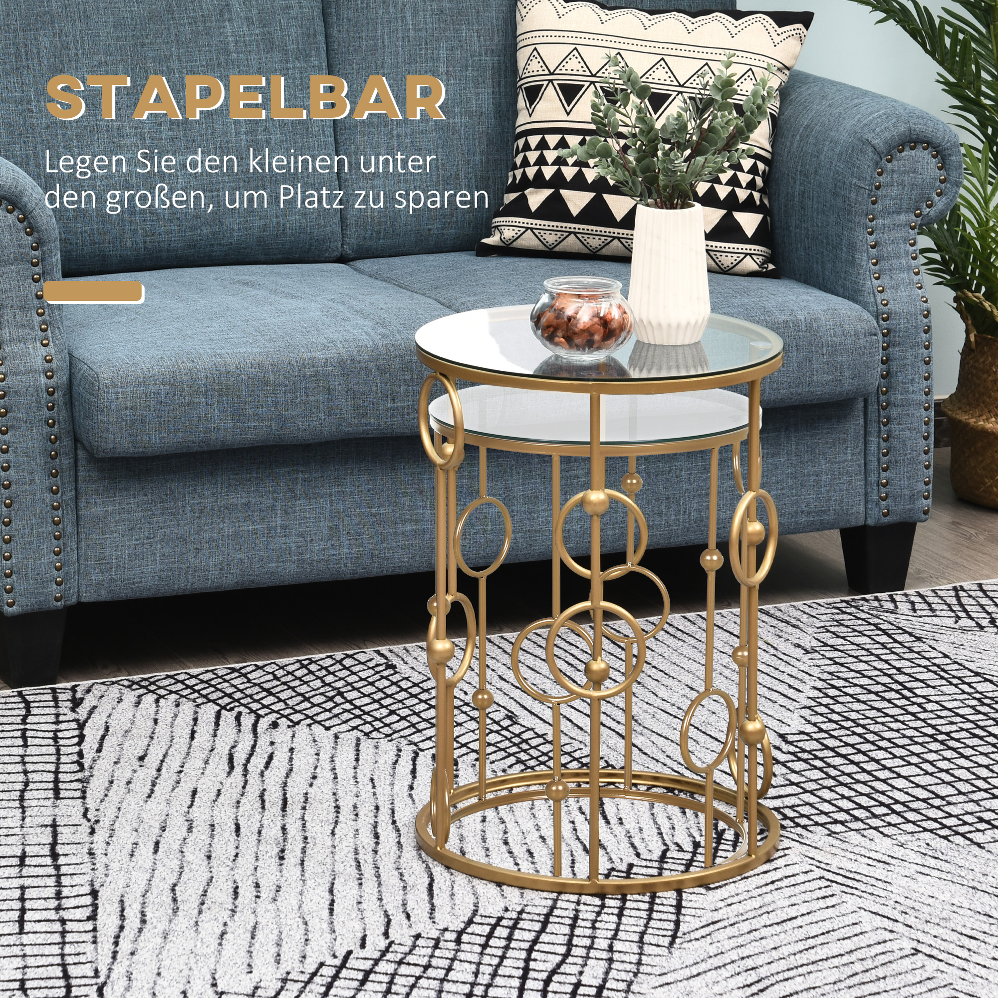 2er-Set Couchtisch, Beistelltisch mit Glasplatte, Wohnzimmertisch mit Reifen- und Kugeldesign Ø41 x 57 cm, Gold