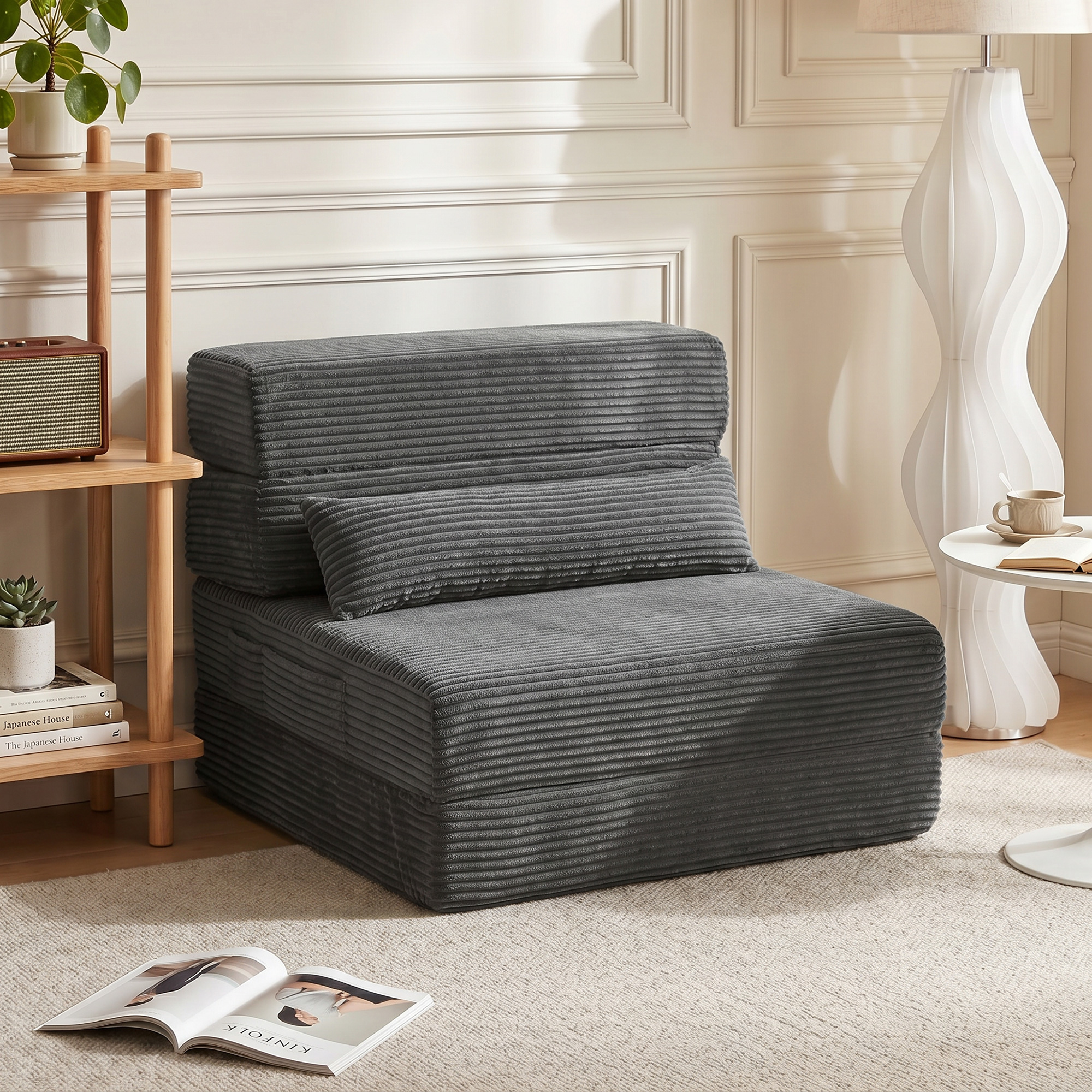 Bodenstuhl mit Rückenstütze, Cord Boneless Cloud Faltbares Schlafsofa mit dickem Polster, Dunkelgrau