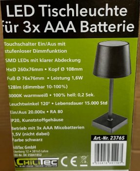 LED Tischleuchte 26cm, Schwarz, 3xAAA Batterie, dimmbar, Licht Warmweiß