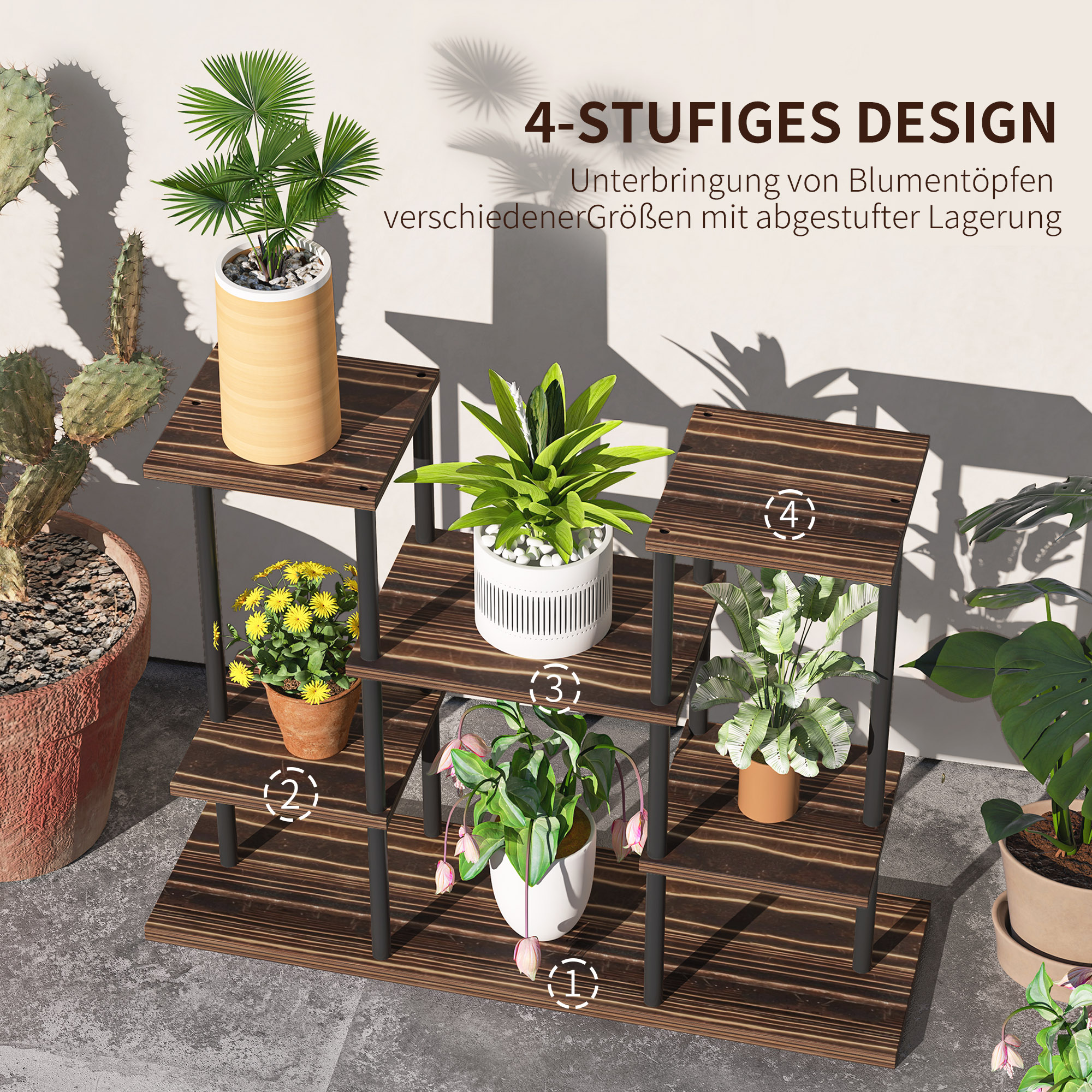 Blumenständer mit 4 Ebenen, 4-stufiger Pflanzenständer, Blumentopfhalter für drinnen und draußen, Holz, Stahl
