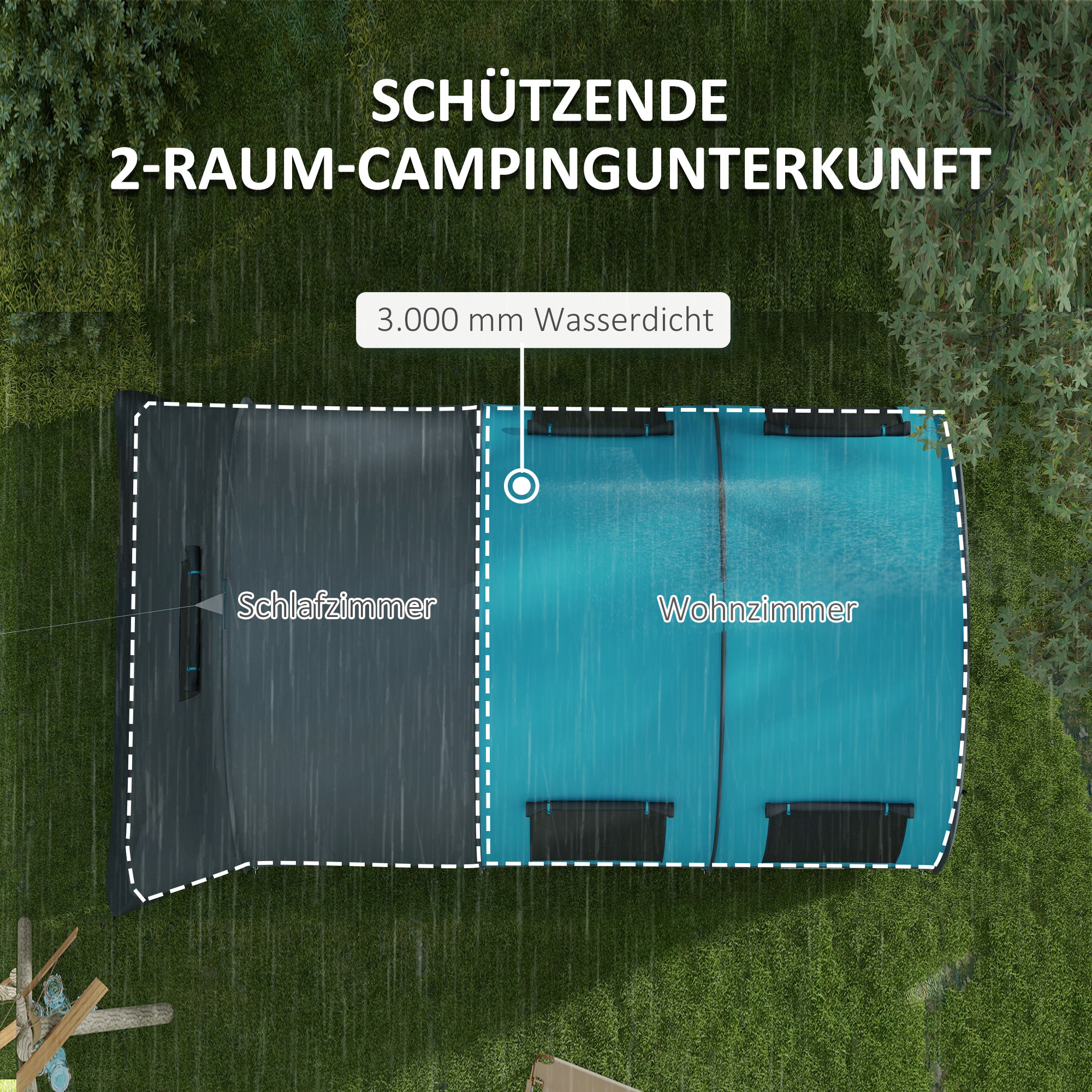 Campingzelt bis 6 Pers., Familienzelt, separate Bereiche, wasserdicht, Grau/Blau