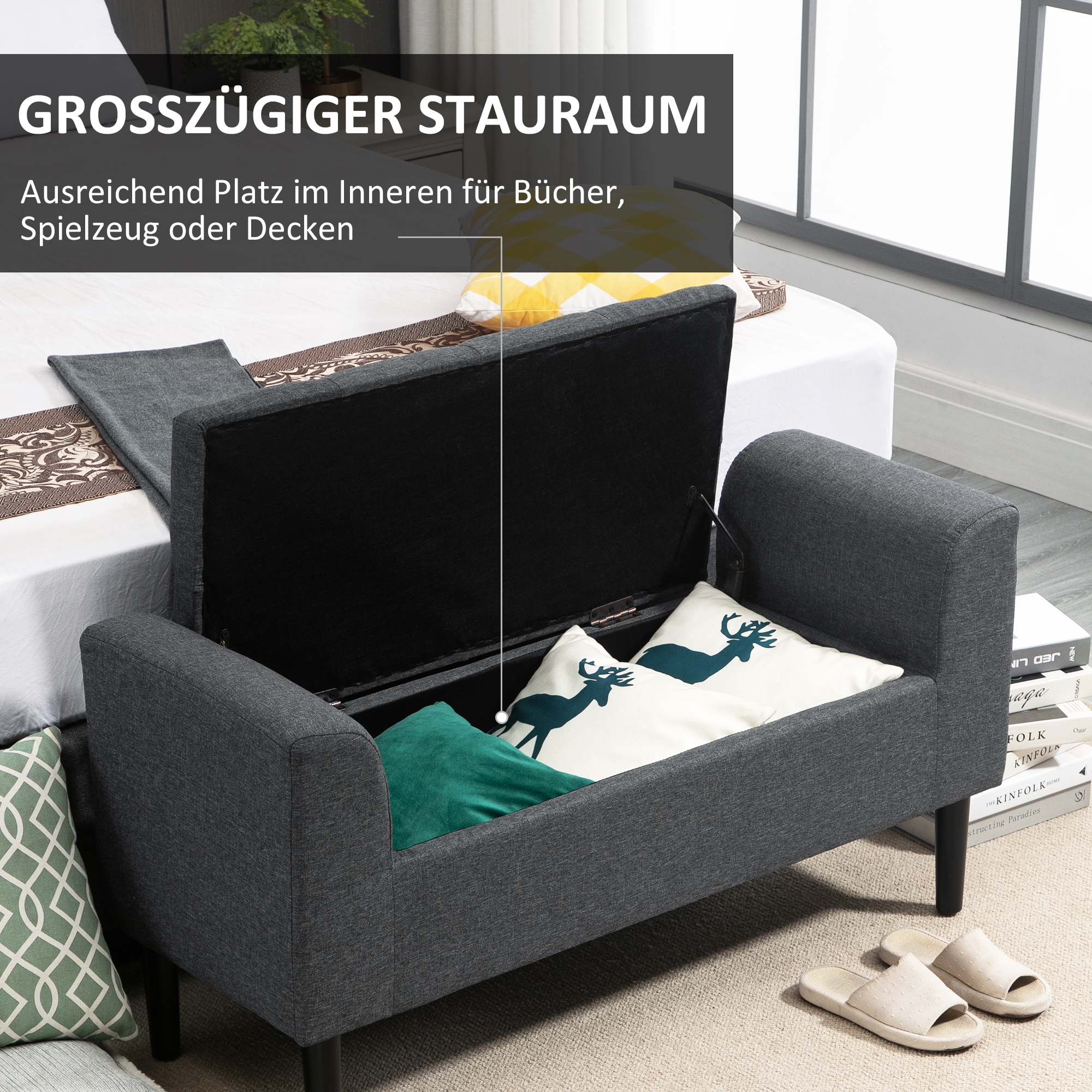 Sitzbank mit Stauraum, Polsterbank mit Leinenoptik, Holzbeine, Bettbank belastbar bis 130 kg, für Wohnzimmer Schlafzimmer Flur, 116 x 44 x 58 cm Dunkelgrau
