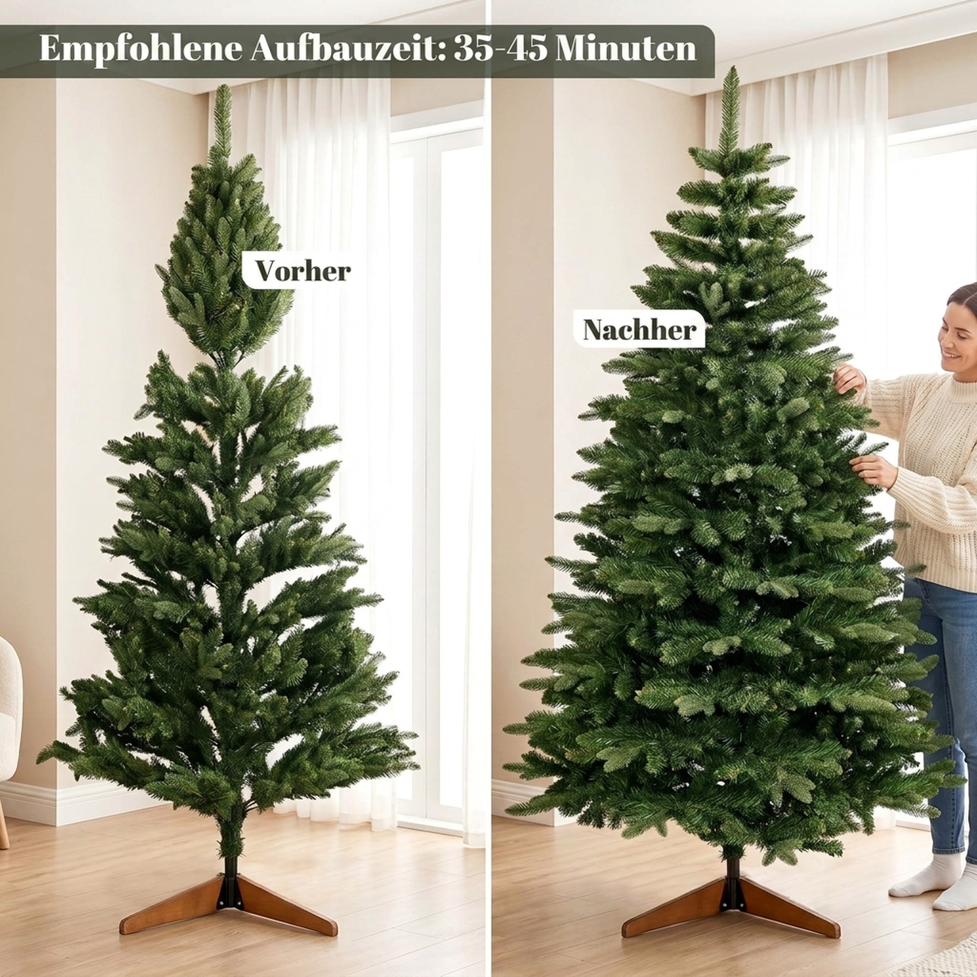 künstlicher Weihnachtsbaum 180 cm, Edeltanne, voll mit Klappästen, 961 Spitzen, faltbarer Holzständer, Grün