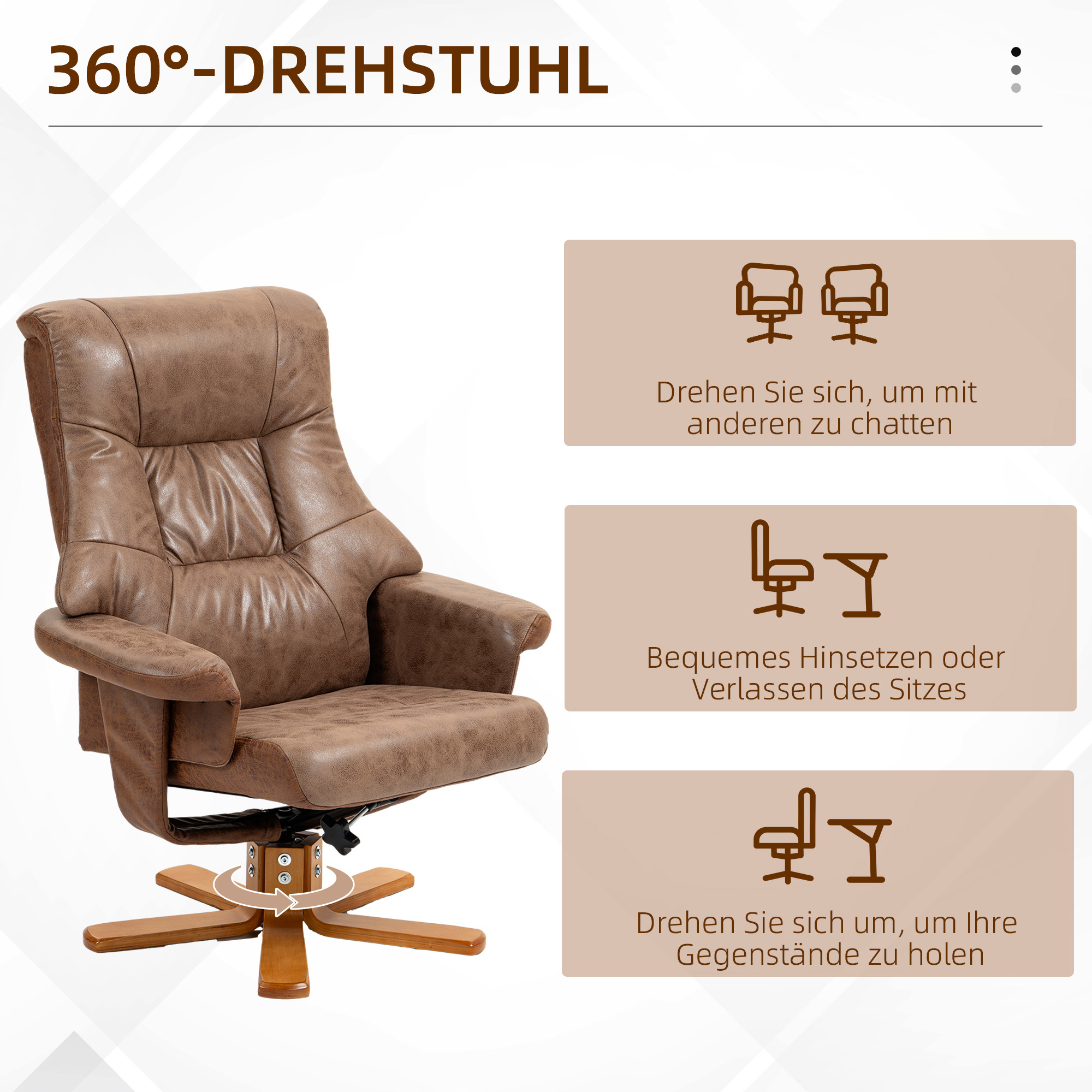 Relaxsessel mit Hocker, 360° drehbar, 135° neigbar, atmungsaktiver Bezug, 78 x 82,5 x 109 cm, braun