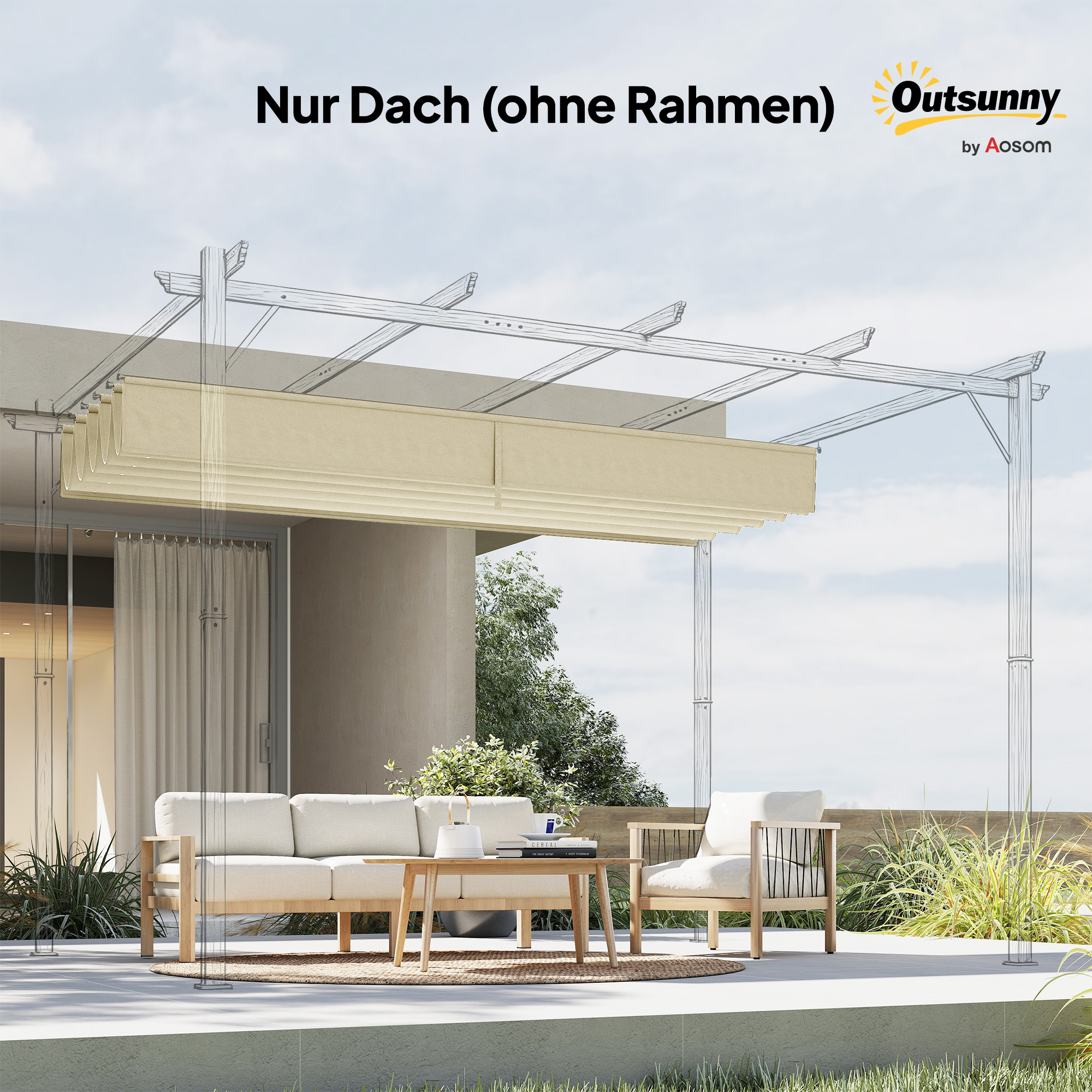 Ersatzdach für 4 x 3 m Pergola, einziehbar, mit Regenabflusslöchern, wetterfest, Polyester, Cremeweiß