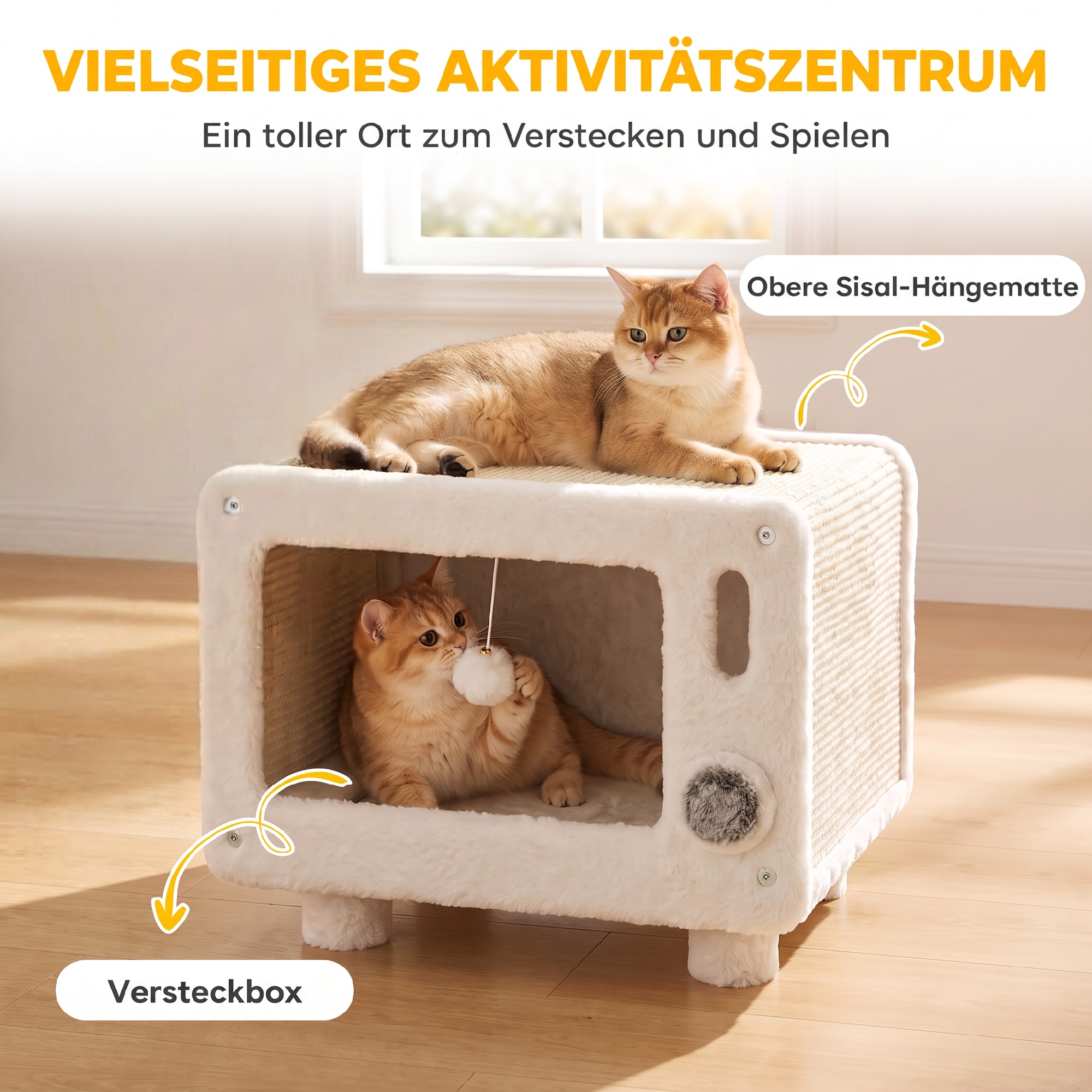 Katzenhaus im TV-Design, Katzenhöhle mit Hängematte und Spielball, Sisal-Kratzmatte, für Katzen bis 7 kg 50 x 33 x 42 cm