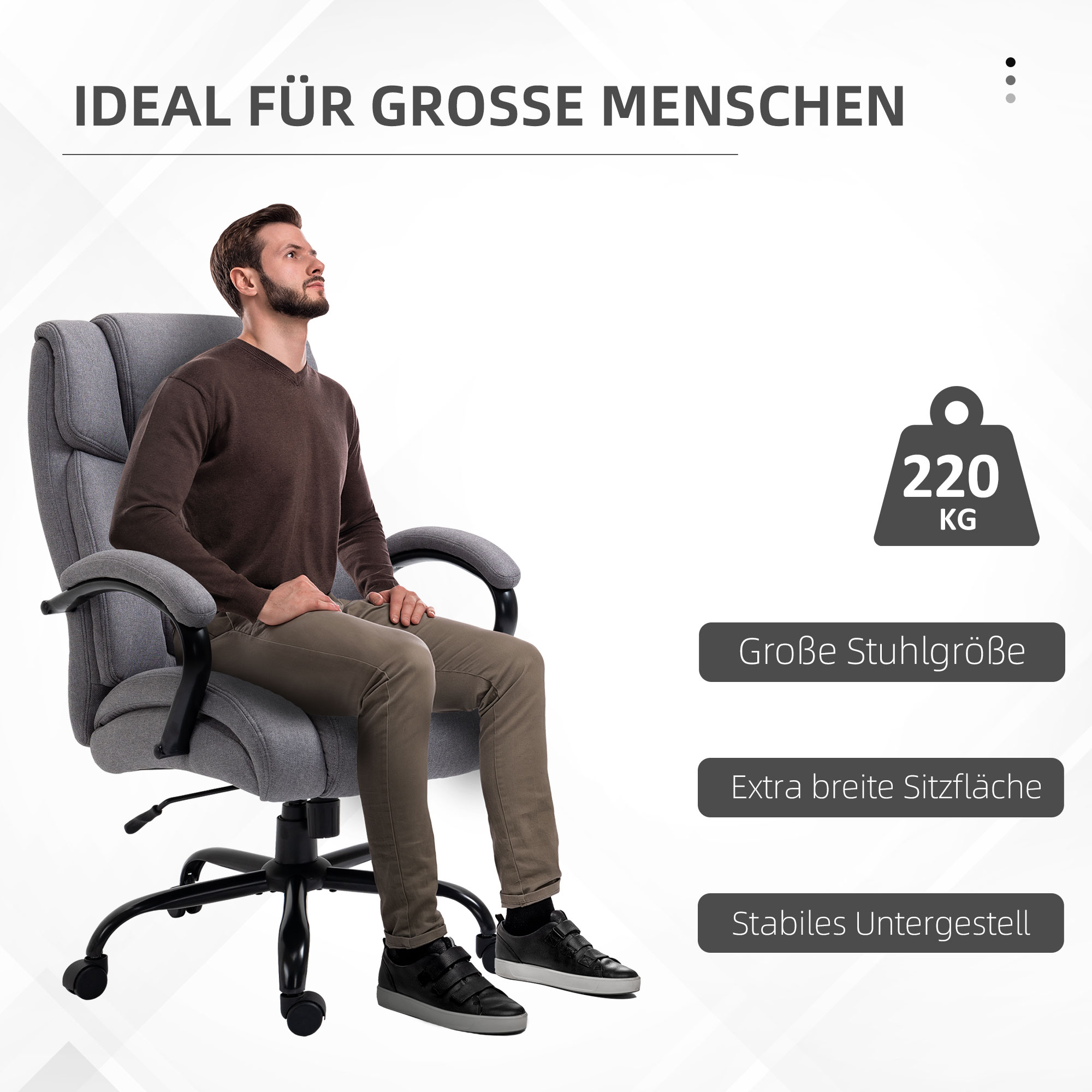 Bürostuhl, ergonomischer Chefsessel bis 220 kg belastbar, gepolsterter Schreibtischstuhl mit Armlehne, breiter Sitz, höhenverstellbarer Drehstuhl mit Wippfunktion, Leinenoptik, hellgrau