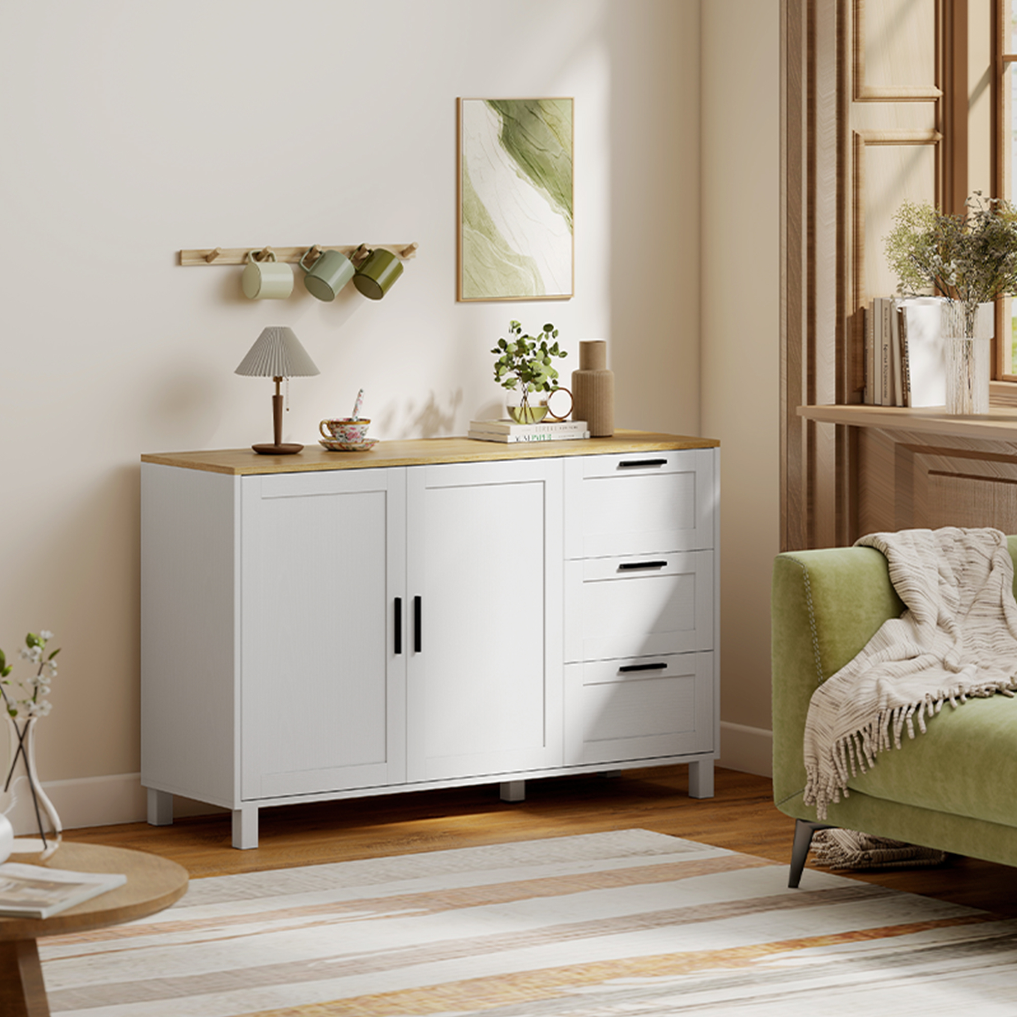 modernes Sideboard mit Soft-Close-Türen, Kaffeebar-Schrank mit 3 Schubladen und verstellbarem Einlegeboden, Weiß