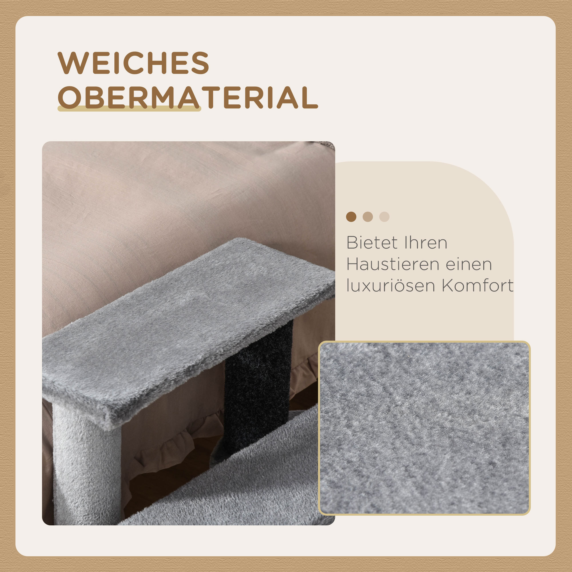 Katzentreppe 3-stufige Haustiertreppe mit Kratzsäulen Ball Hundetreppe Tiertreppe für Katzen bis 5 kg Plüsch Jute Grau 45 x 40 x 48 cm