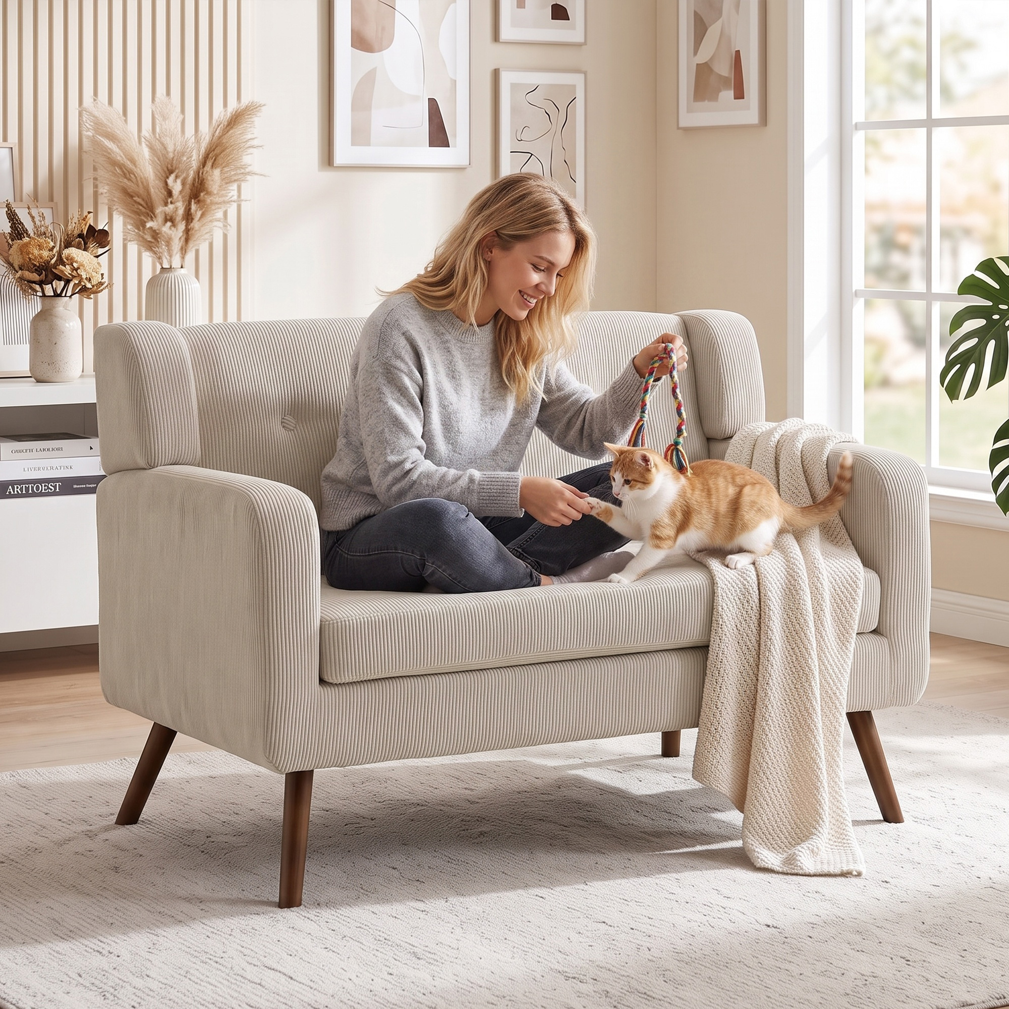 2 Sitzer 118 cm Couch mit Cord-Optik, Knopfheftung Bequeme Modernes Polstersofa mit Holzbeinen für kleine Räume