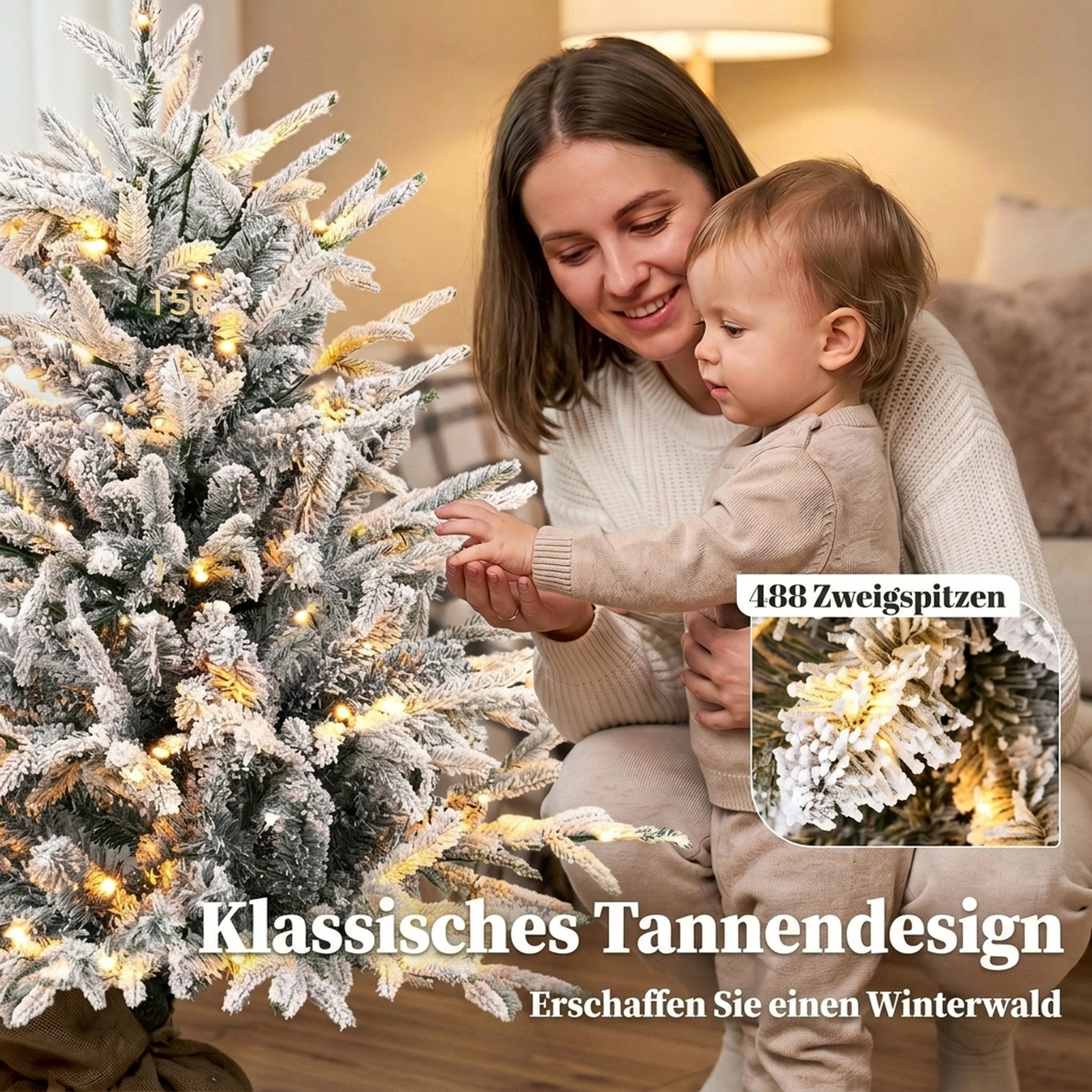 Tisch-Weihnachtsbaum 90 cm, vorbeleuchtet, beschneit, künstlich, 70 warmweiße LEDs, 488 Spitzen, Grün