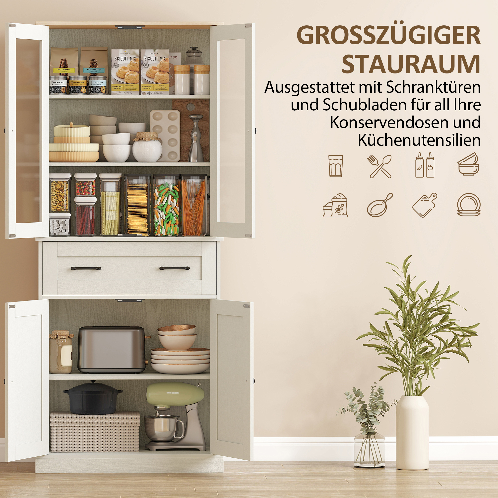 freistehender Küchenschrank, Vorratsschrank mit verstellbaren Regalböden und Schublade für Wohnzimmer, Esszimmer