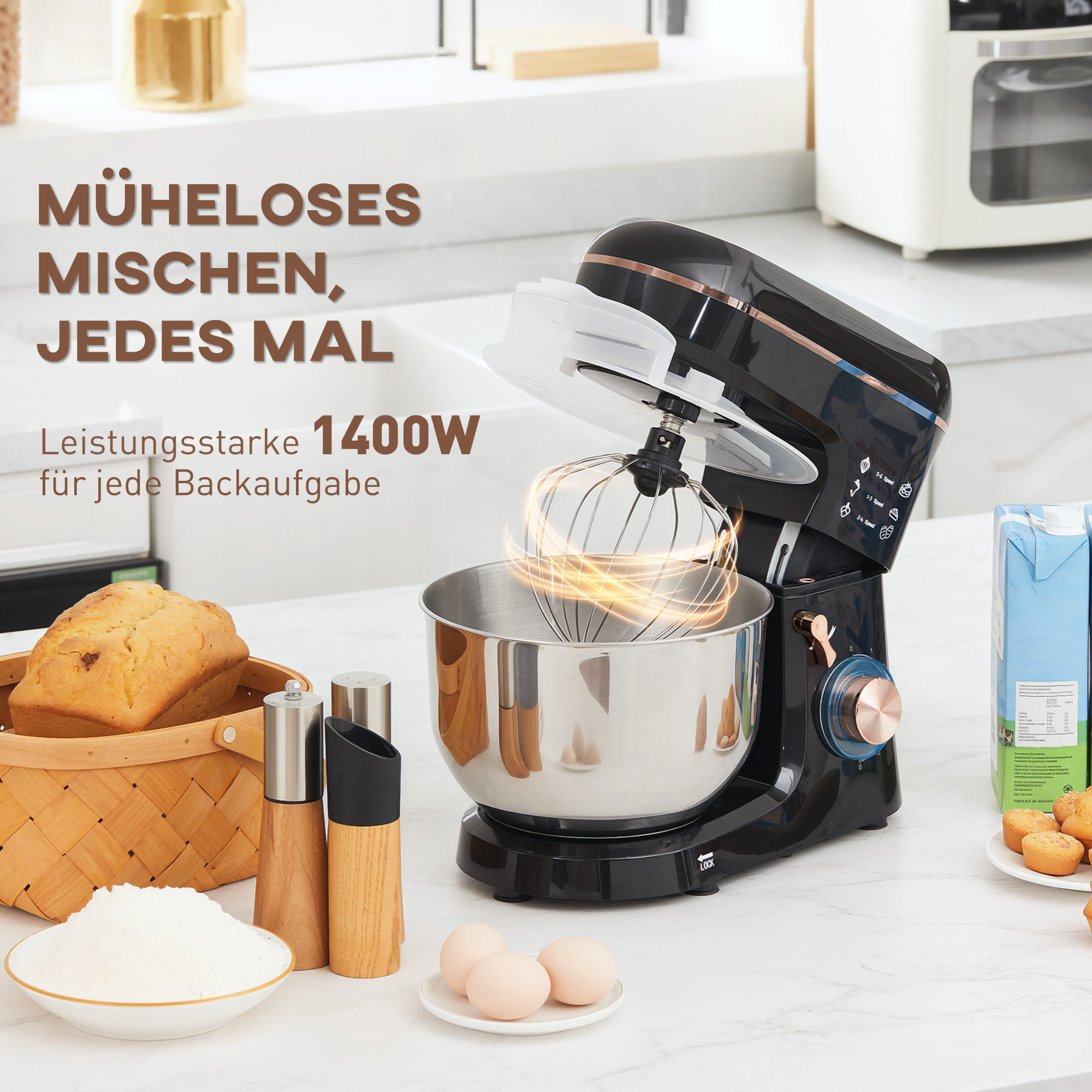 Standmixer, Küchenmaschine, Rührgerät, 6 Stufen, 5,5L Edelstahlschüssel, Schwarz