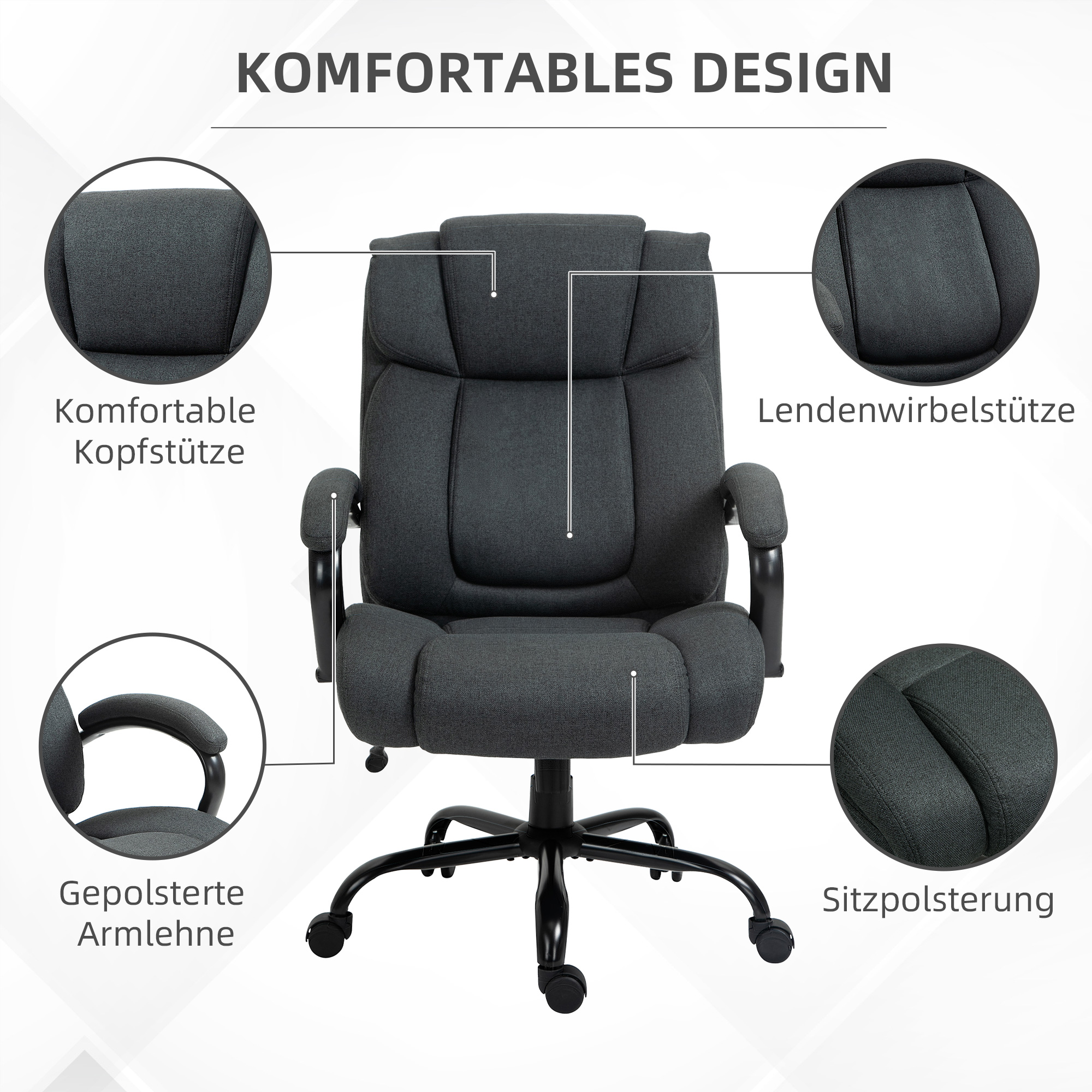 Bürostuhl, Ergonomischer Schreibtischstuhl, Drehstuhl mit gepolsterter Armlehne, bis 220 kg belastbar, Grau