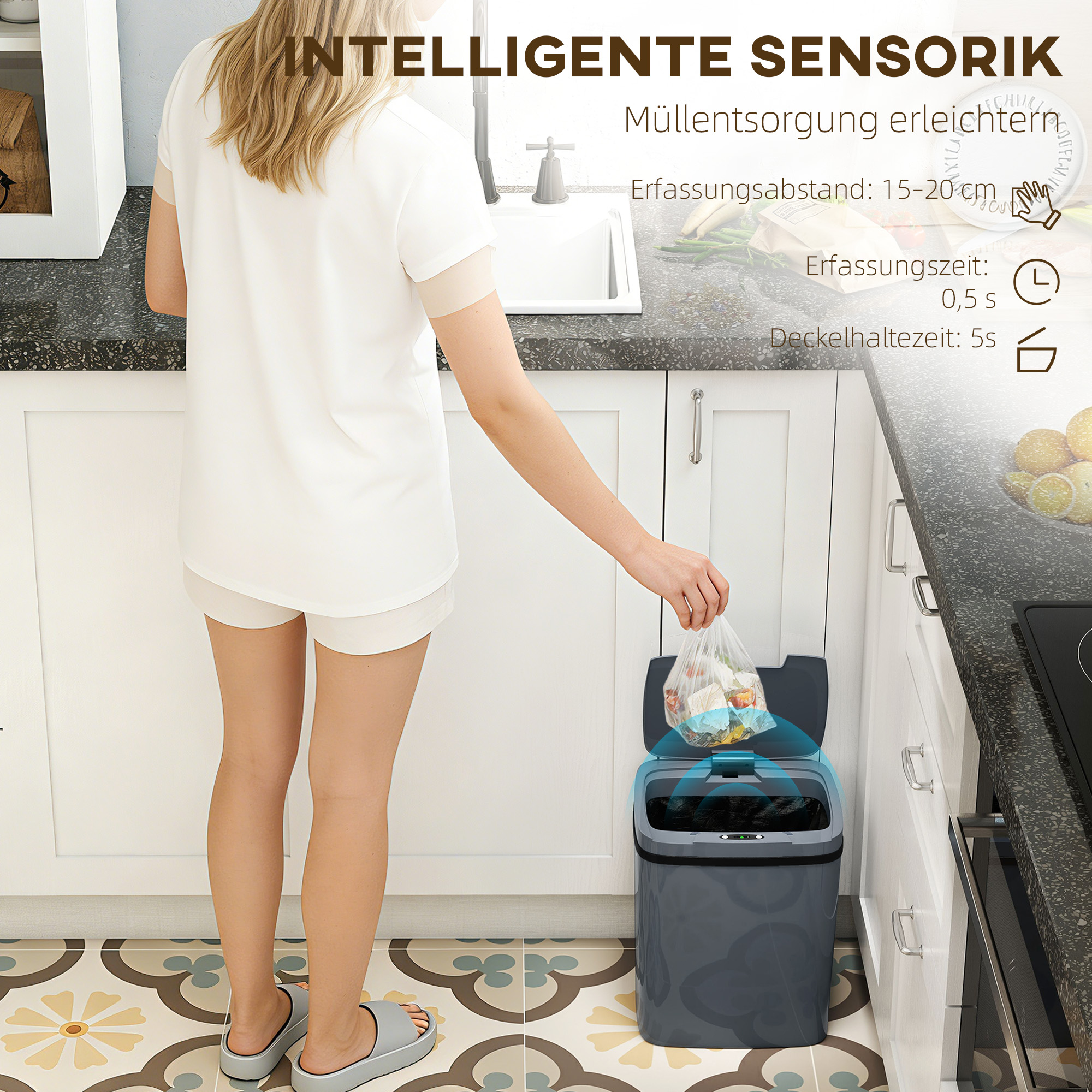 Sensor Mülleimer 15l Automatischer Mülleimer mit zwei Öffnungsmodi, für Büro, Küchen, 27,6 x 21,4 x 33,5 cm, Grau