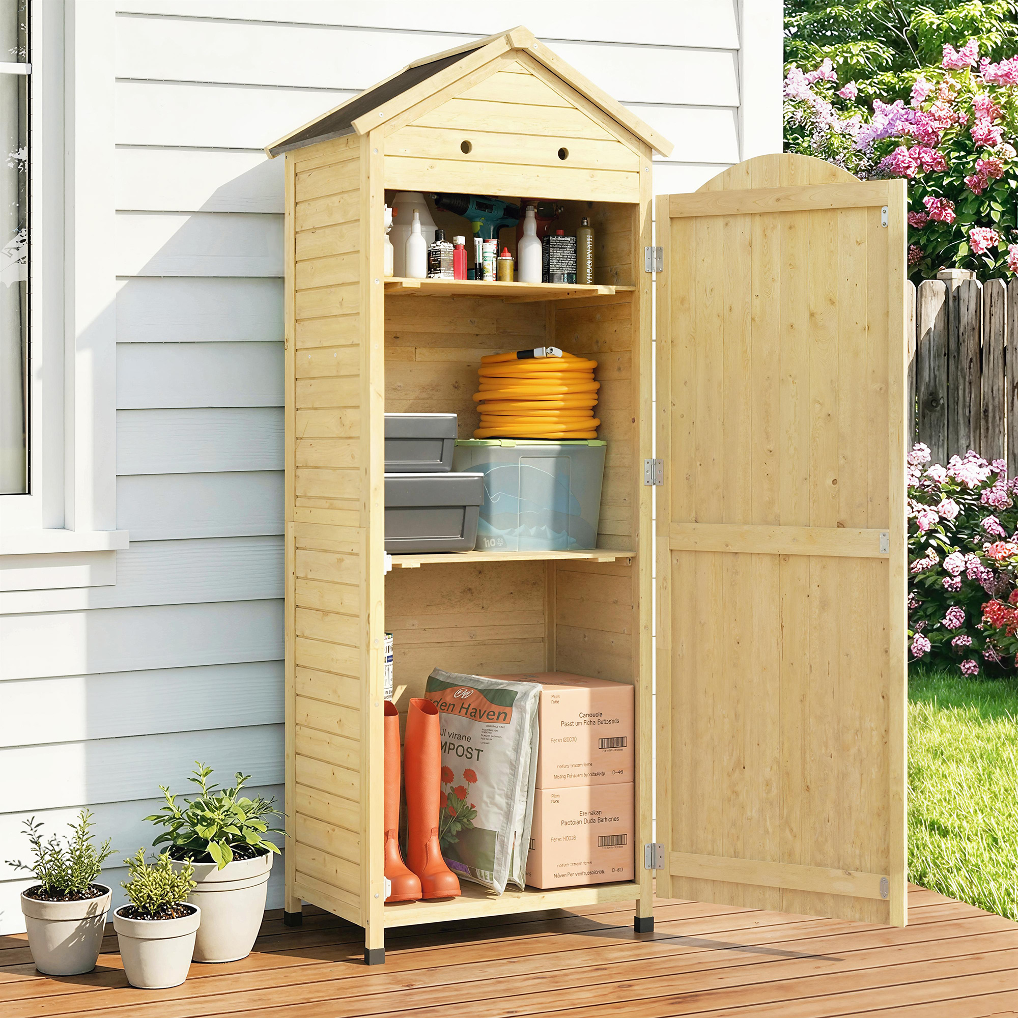 Gartenschrank Holz extra hohe Geräteschuppen mit verstellbar Ablage magnetisch Tür galvanisiert Dach Belüftung