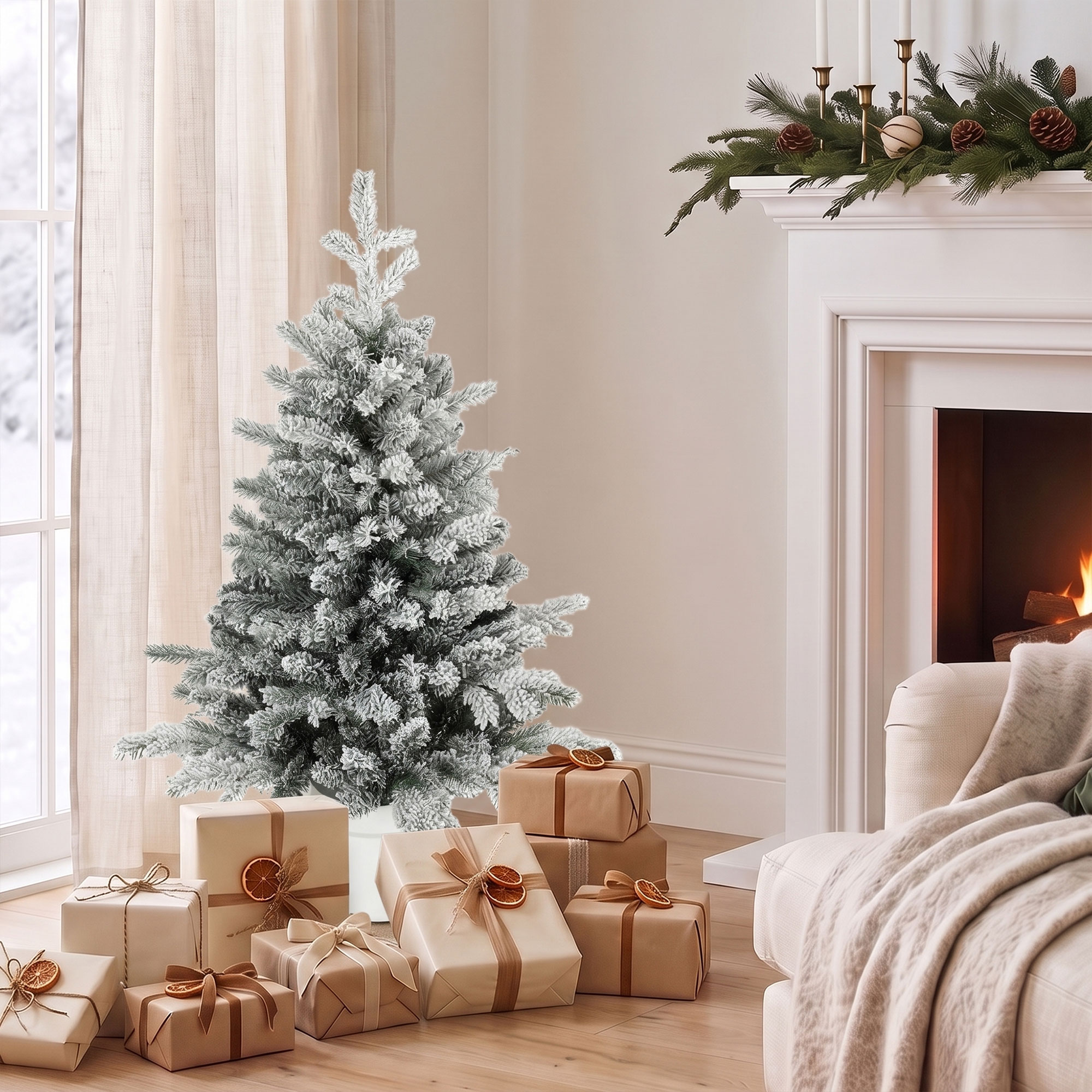 Mini 90 cm Weihnachtsbaum mit 296 Zweigspitzen Schnee-Effekt Topf, Mini-Tischbaum für Zuhause Büro, Weiß