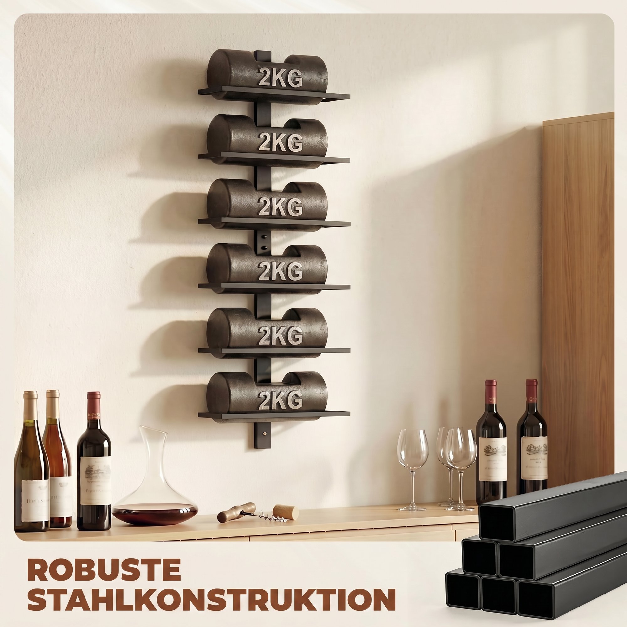 Weinregal, Wandregal für 6 Flaschen Wein, 6 Ebenen, Stahlrohr, für Küche, Wohnzimmer, Hausbar, Schwarz