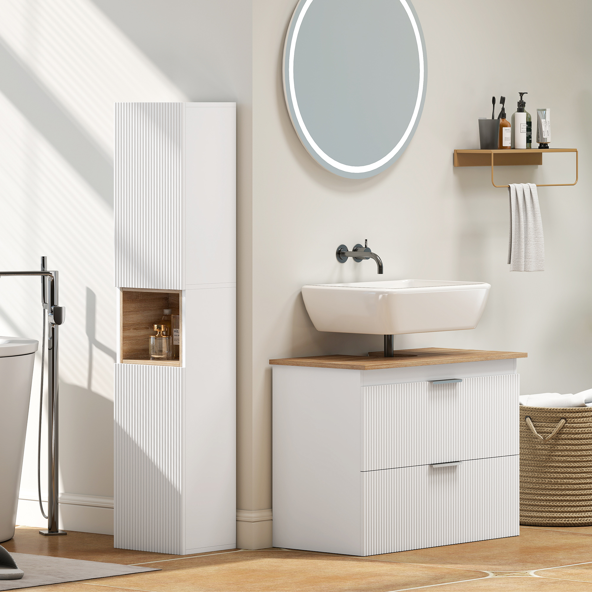 Badezimmerschrank, freistehend mit 2 Türen und offenem Regal, Weiß