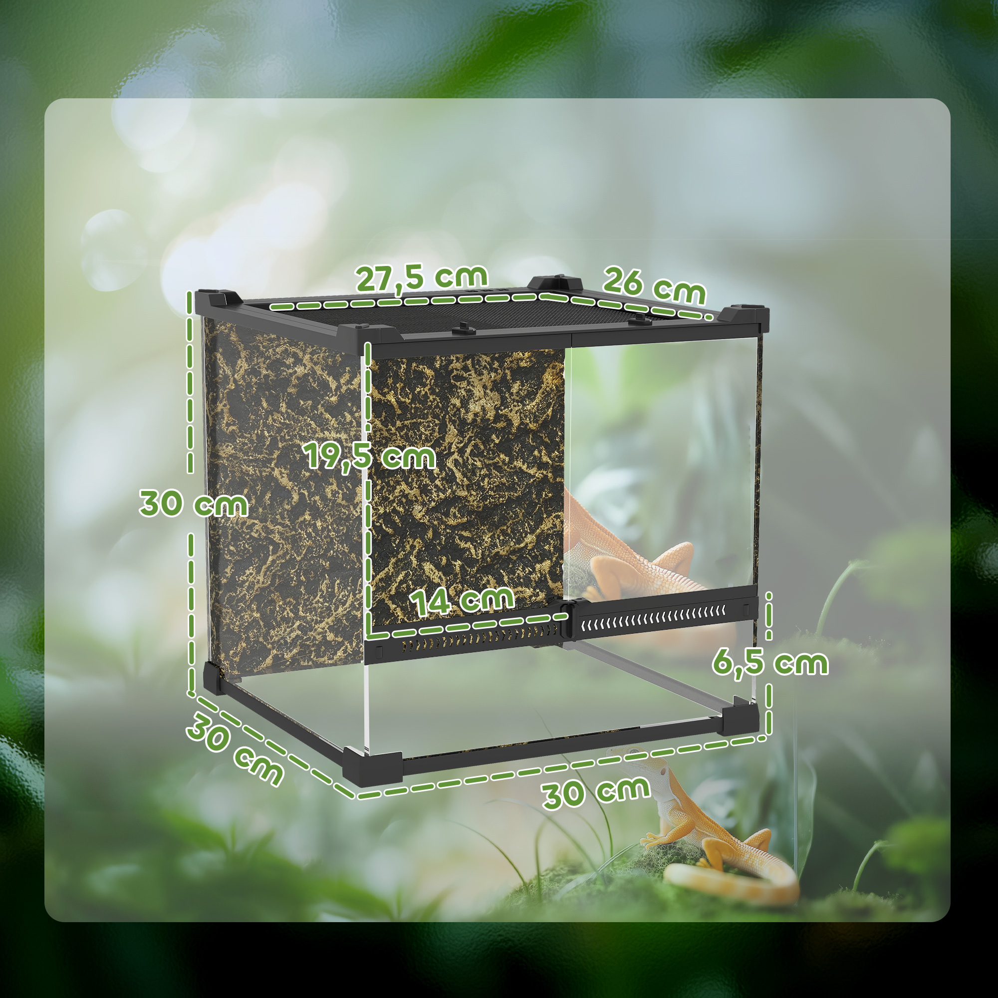 Glas-Terrarium für Reptilien, erhöhter & wasserdichter Boden, Knopfschloss