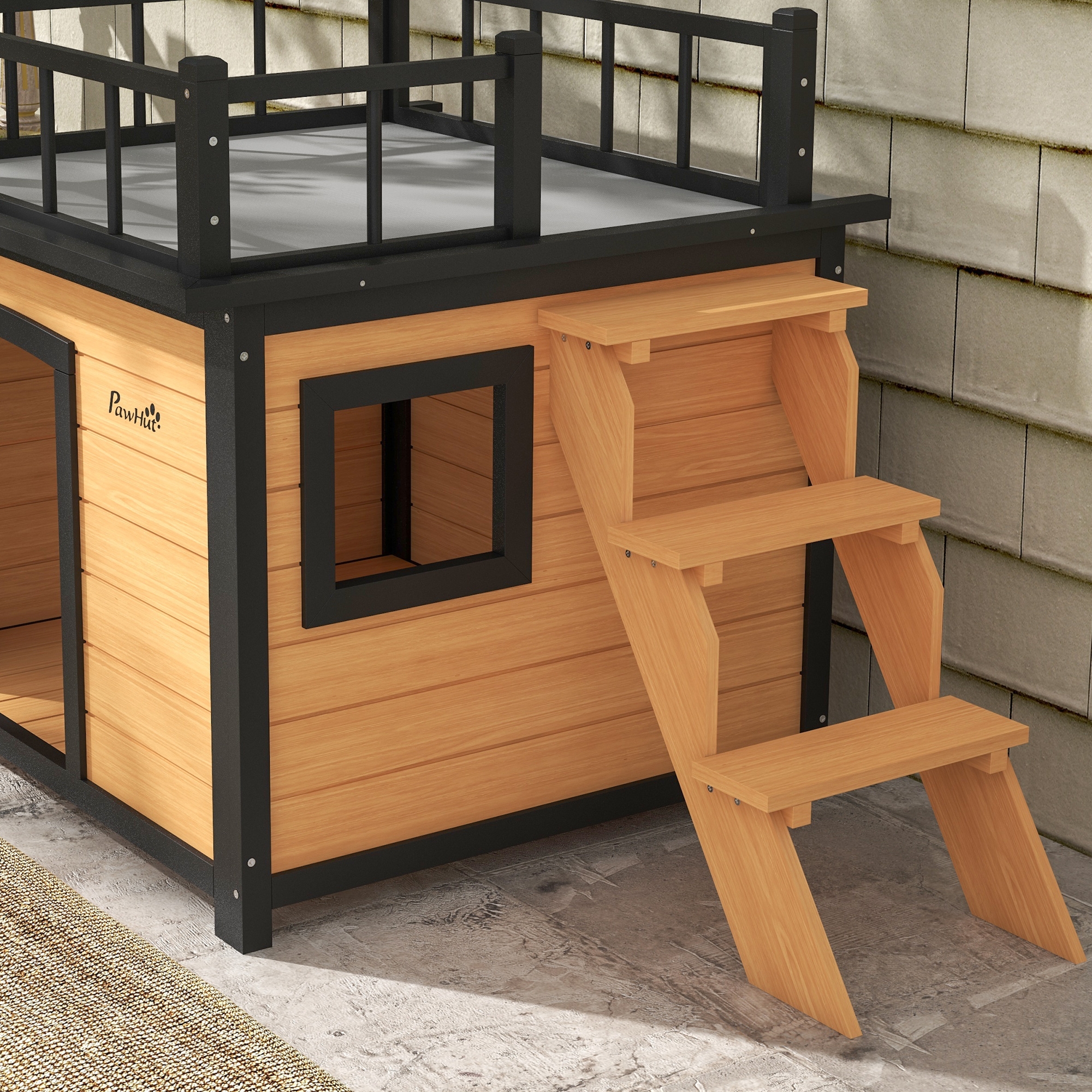 Hundehütte mit Dachterrasse, wetterfest, Holz, 121x77x78cm, Schwarz/Gelb