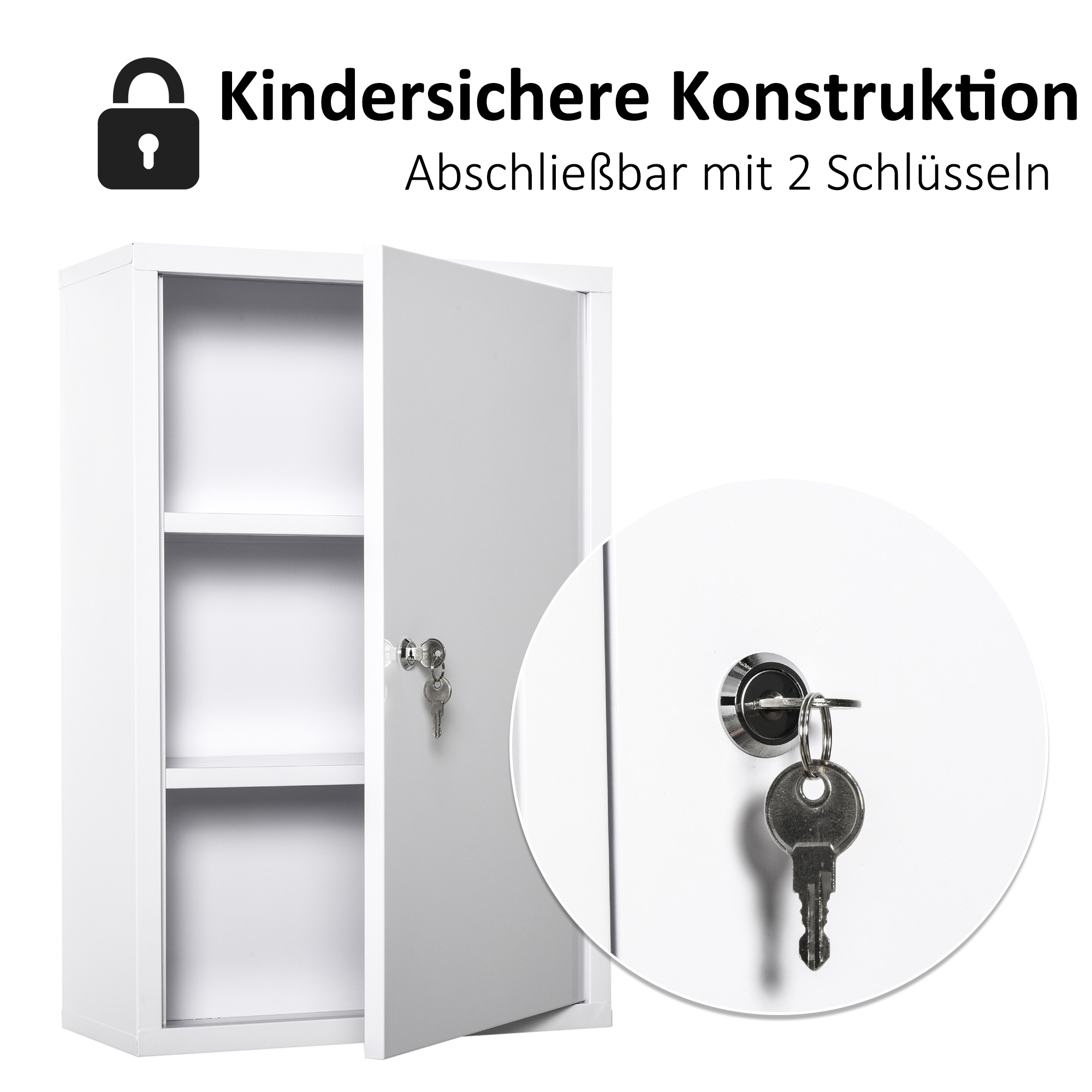 Medizinschrank Arzneischrank zur Medikamenten-Aufbewahrung, Abschließbar Medikamentenschrank Metall mit 3 Fächern Erste-Hilfe-Schrank, 40 x 18 x 60 cm, Weiß
