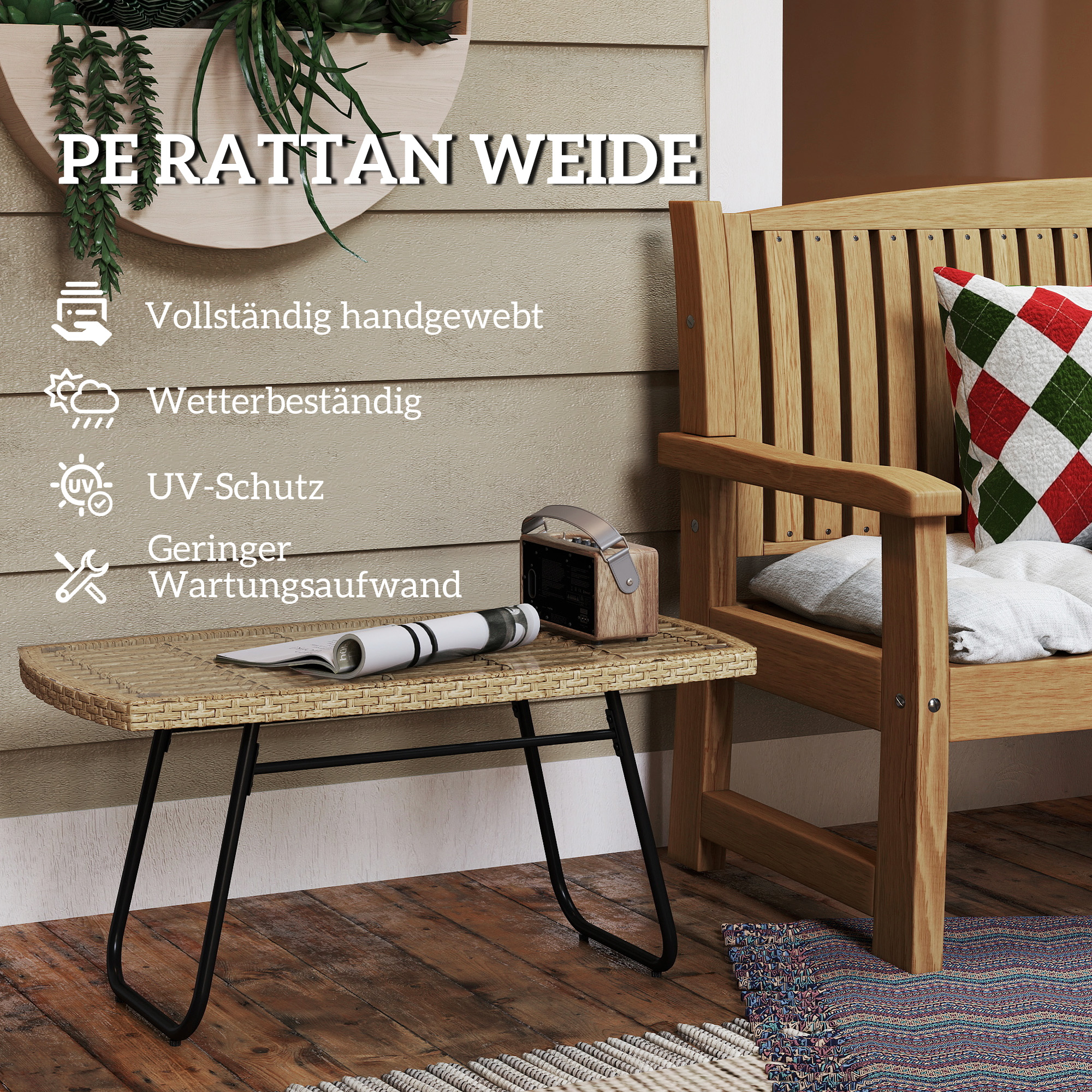 Polyrattan Gartentisch, 90 x 50 x 45 cm, UV-beständig Beistelltisch mit Glasplatte Naturholz