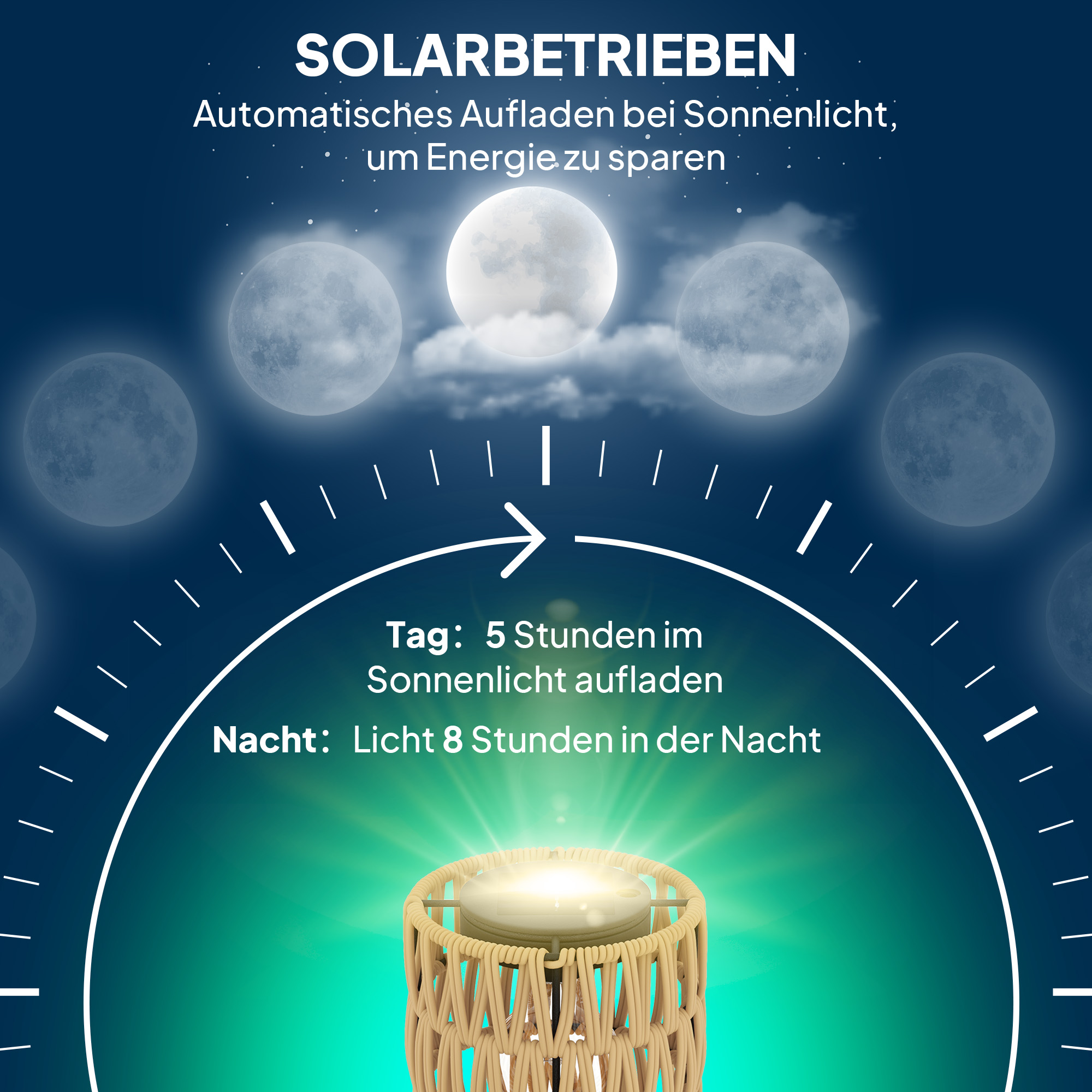 Solar Stehlampe Rattan Solarlampen mit Lichtsensor 3 Lichte Solarleuchte im Boho-Stil IP44 Ø37 x 144H cm
