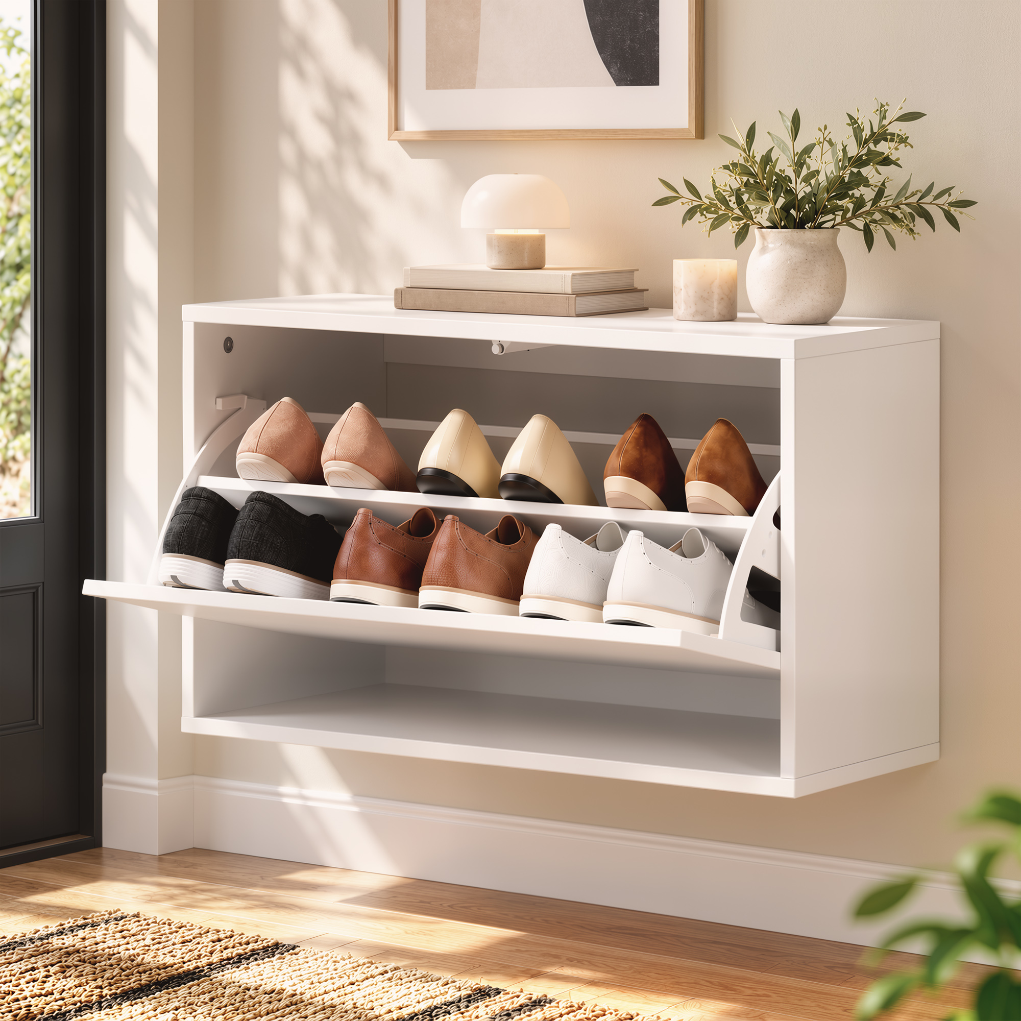 Schuhschrank mit 2 Klappen, Hängend Schuhkipper mit Ablage, Schmal Schuhregal für 6 Paar Schuhe 70 x 30 x 43 cm, Weiß