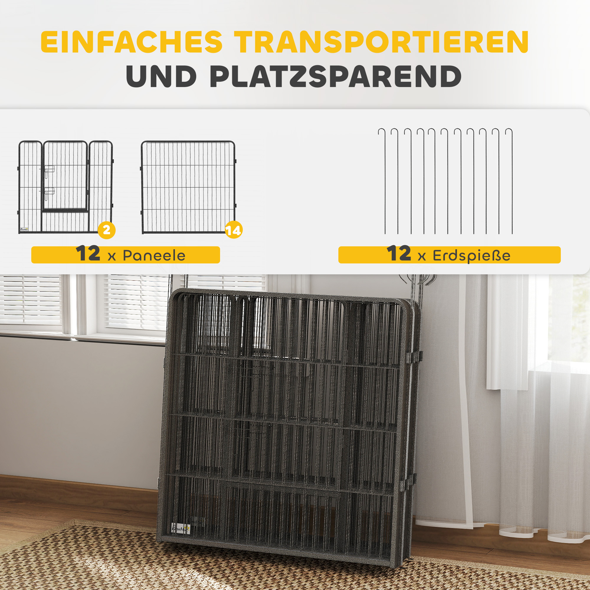 Welpenlaufstall, 16-teilig Welpenauslauf faltbar mit Tür für kleine, mittlere Hunde, 3,2 x 3,2 x 0,8 m, Grau