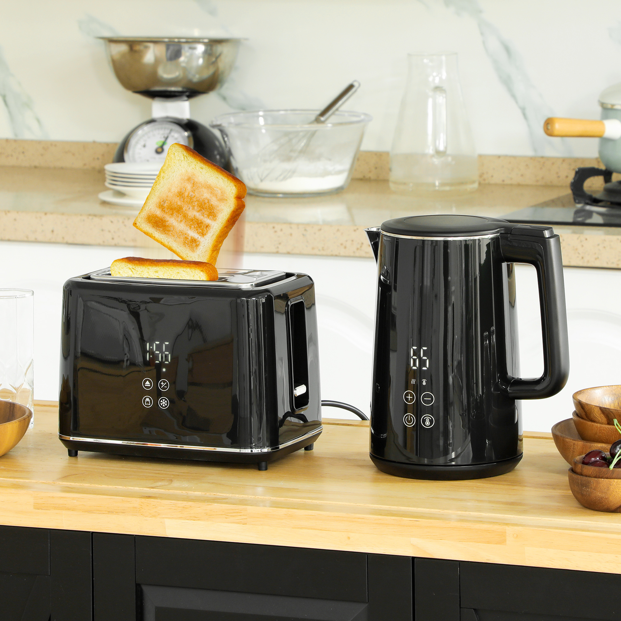 Küchenset mit Wasserkocher und Toaster, 7 Bräunungsstufen, schnelles Kochen, Edelstahl, Kunststoff, Schwarz
