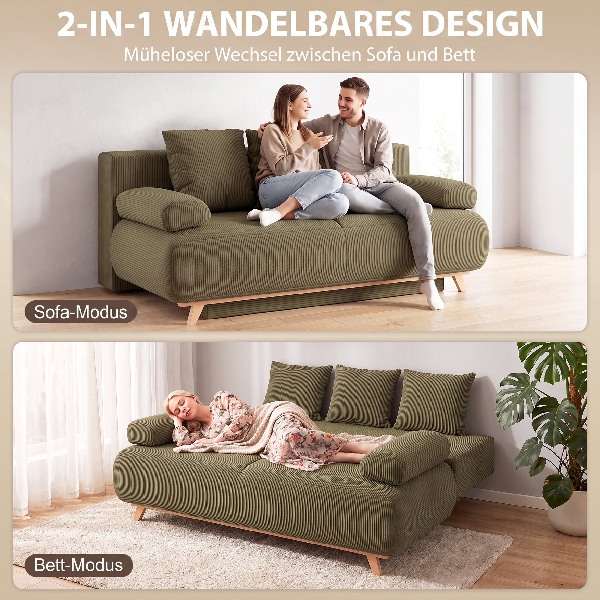 Schlafsofa mit verstellbarer Rückenlehne, Bettfunktion, verstecktem Stauraum und Cordbezug, Dunkelgrün