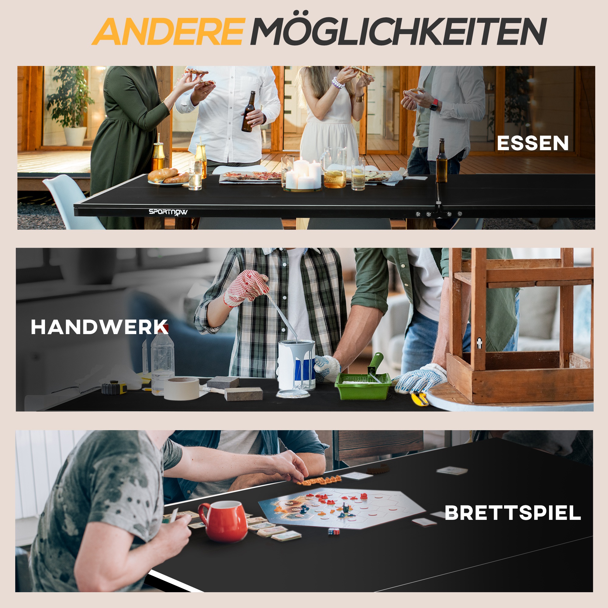 Tischtennisplatte, klappbar, 8 Räder, pulverbeschichteter Stahlrahmen, MDF, 274 x 152,5 x 76 cm, Schwarz