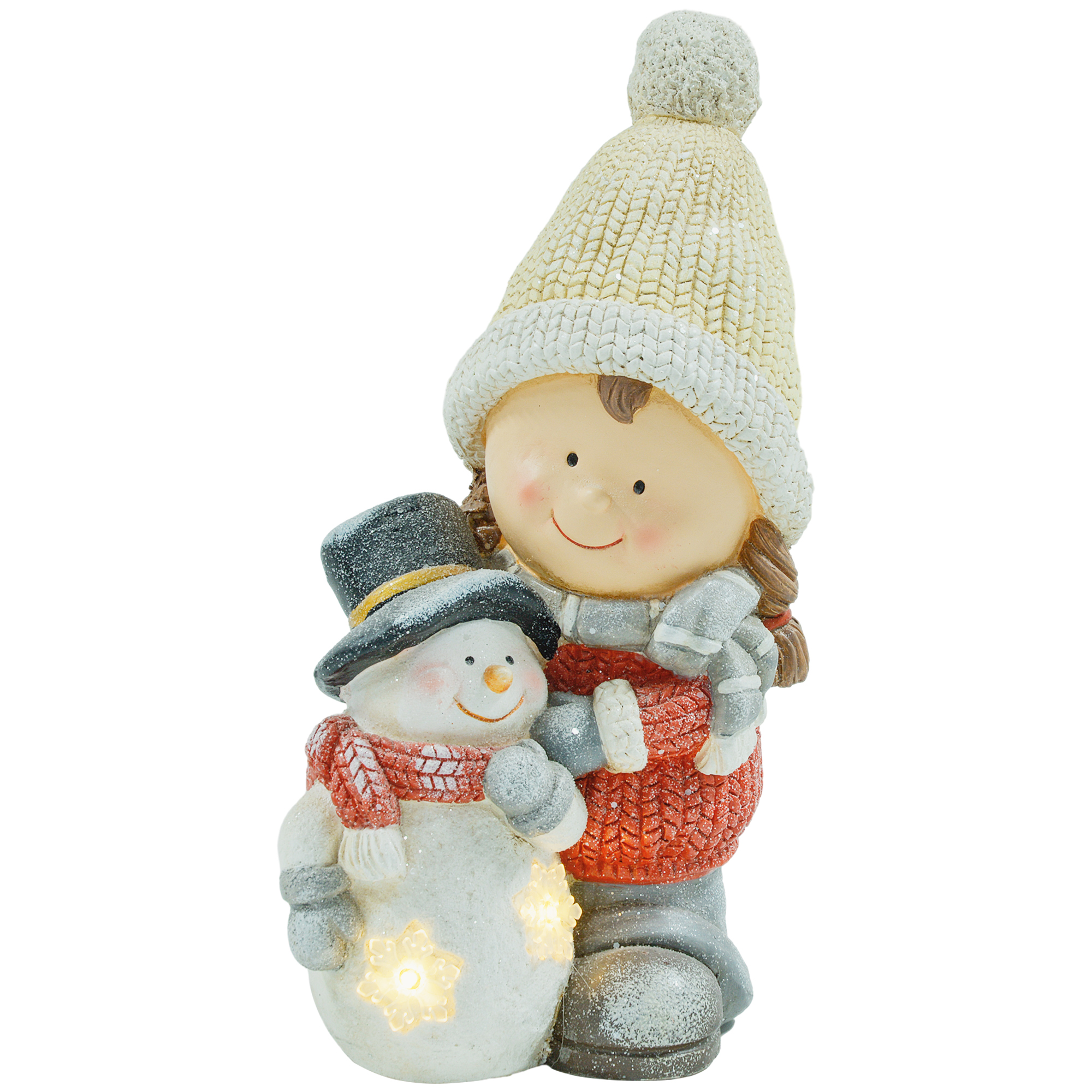 Wichtel mit Schneemann, Gartenzwerg, 4 LEDs, batteriebetrieben, 25 x 18 x 45,5 cm