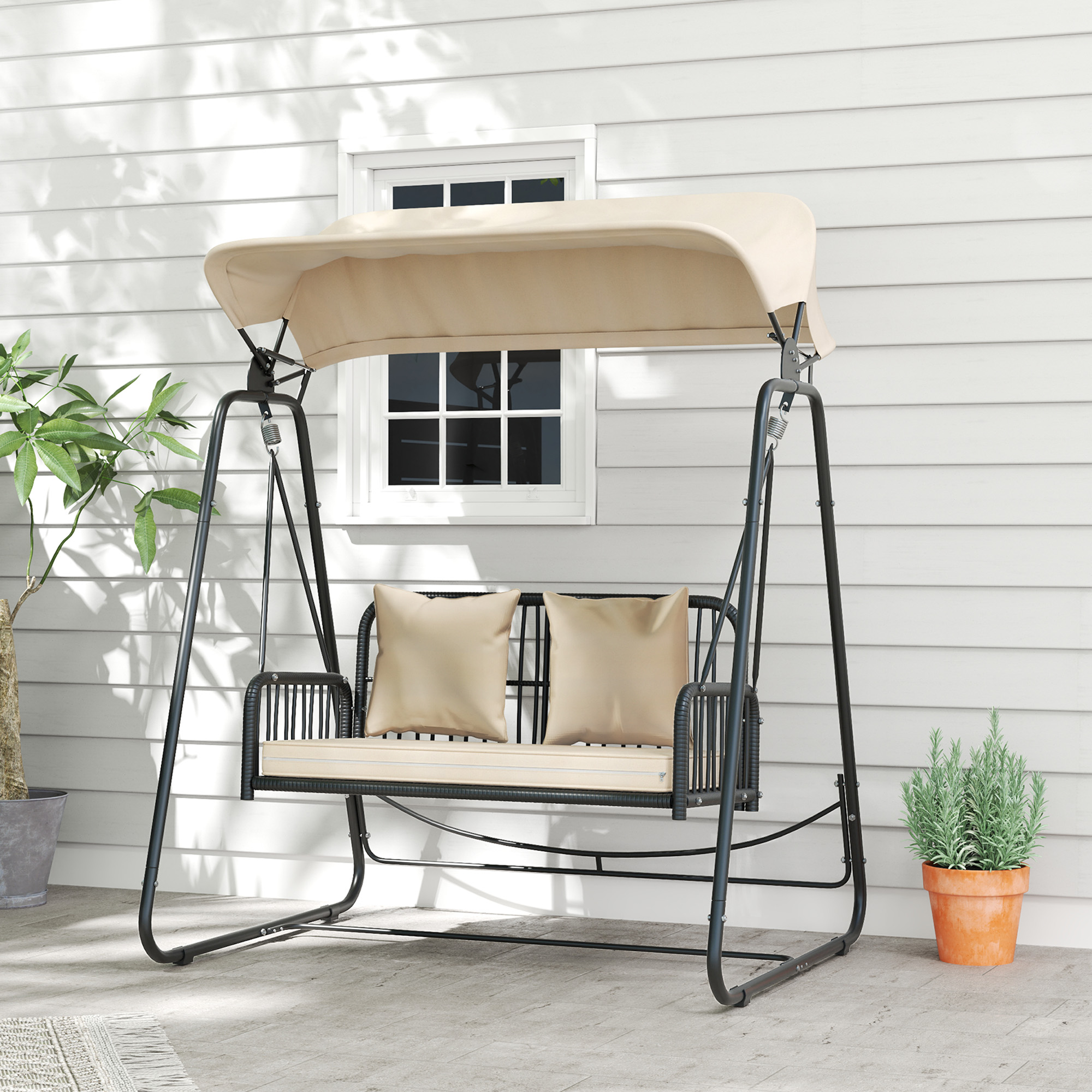 Hollywoodschaukel Rattan 2-Sitzer Gartenschaukel mit Sonnendach Kissen bis 240 kg 149 x 121 x 180 cm Khaki