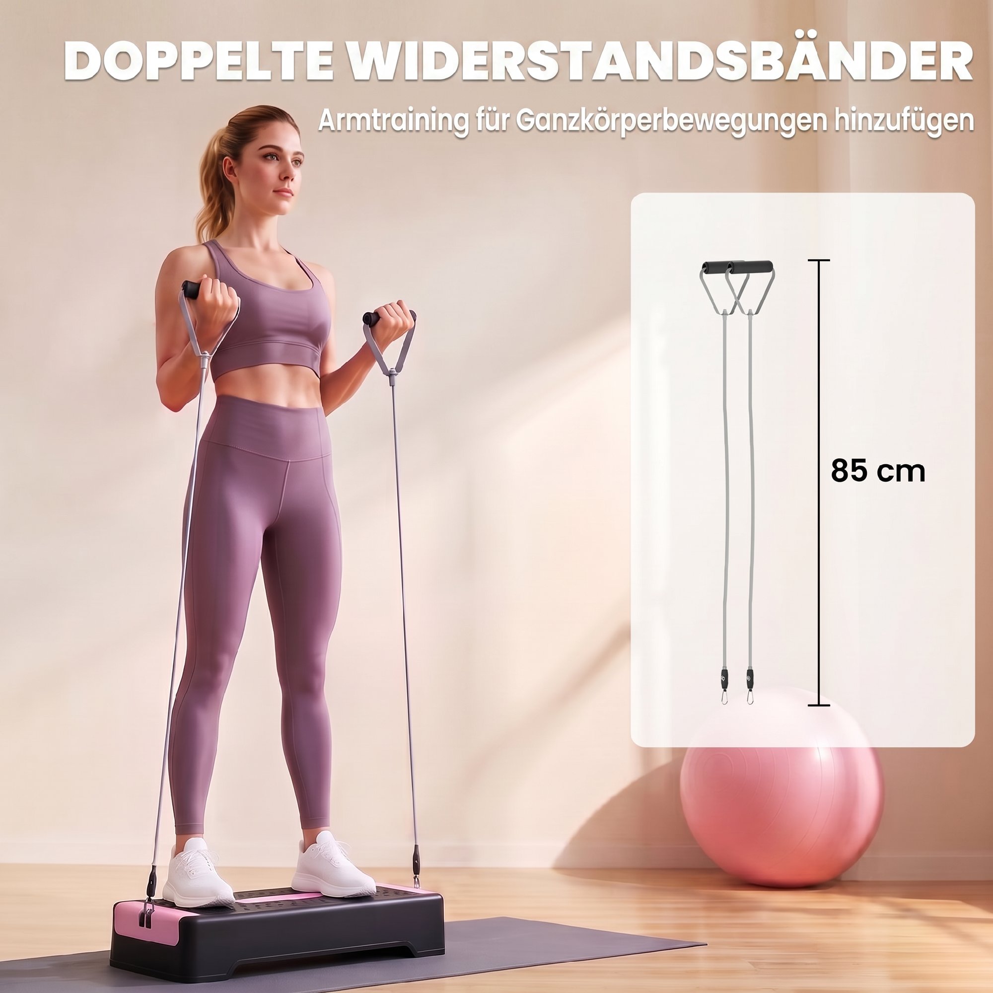 Steppbrett höhenverstellbar Fitness Aerobic Stepper mit 2 Stufen (11/16 cm) 2 Widerstandsbändern, Anti-Rutsch-Matte Rosa