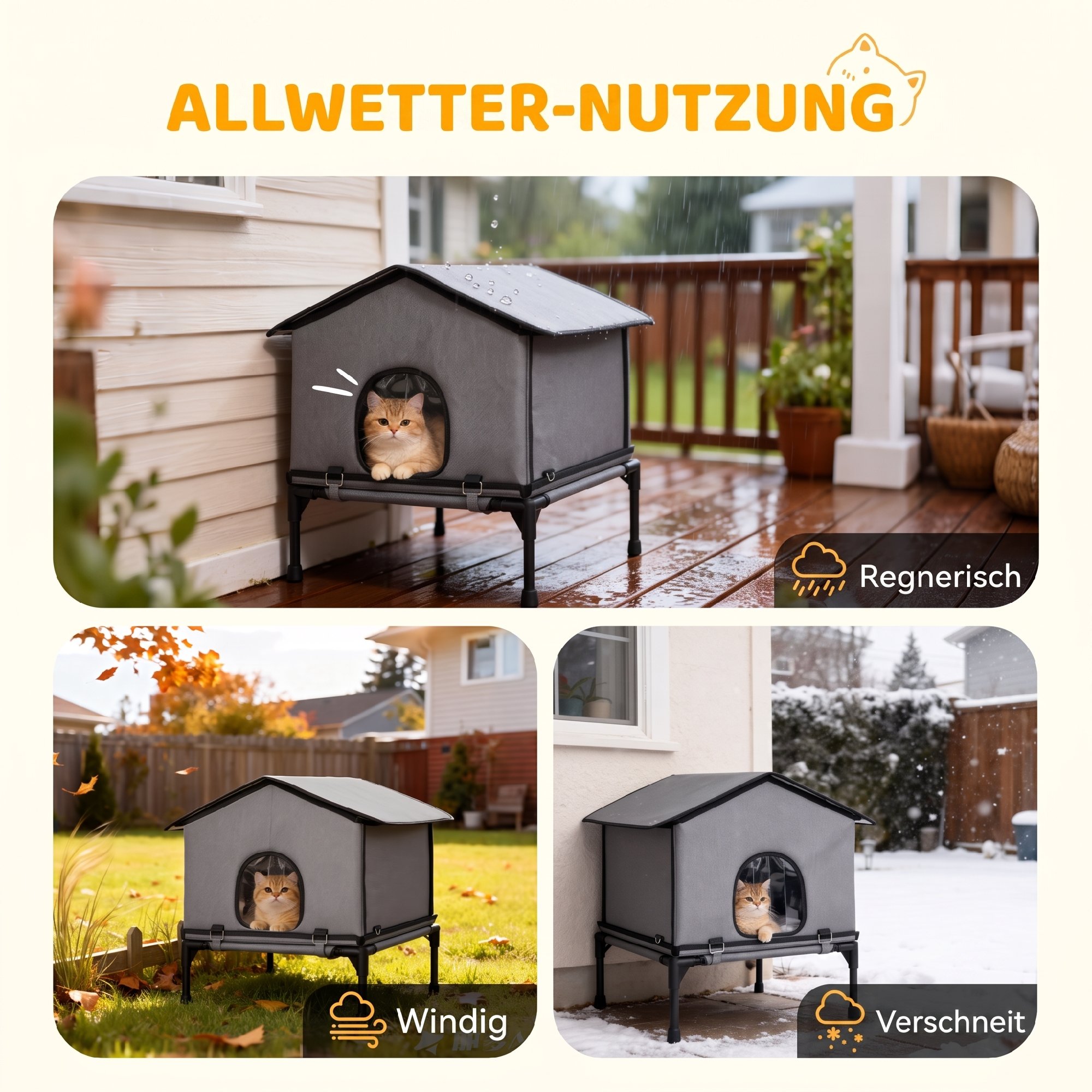 Katzenhaus klappbar Katzenhütte mit Kissen, Erhöhtes wasserabweisend Katzenhöhle 62 x 58,5 x 60 cm, Grau