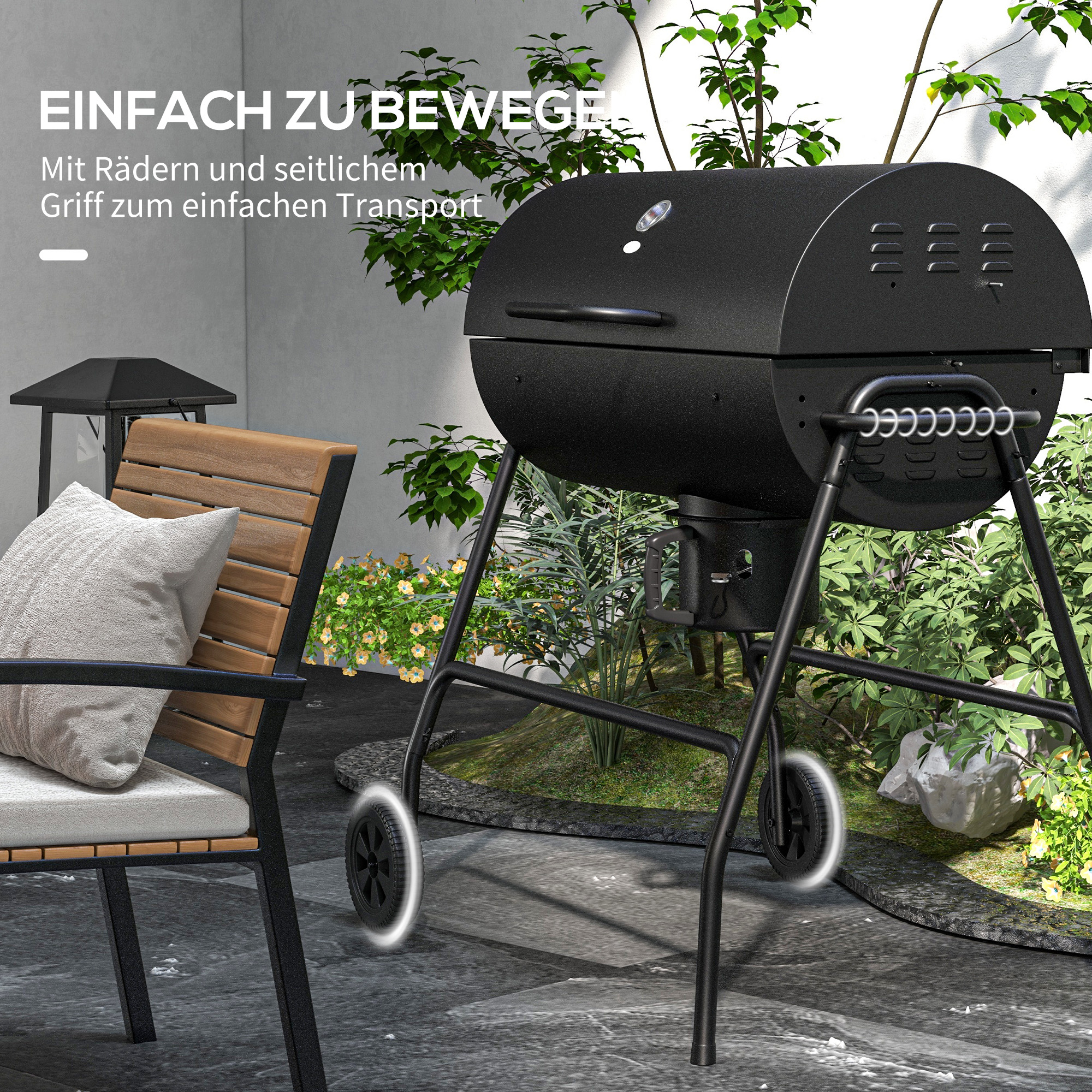 Holzkohlegrill aus Metall BBQ Smoker mit Deckel Thermometer Räder Grillwagen 95x71,5x102 cm Schwarz
