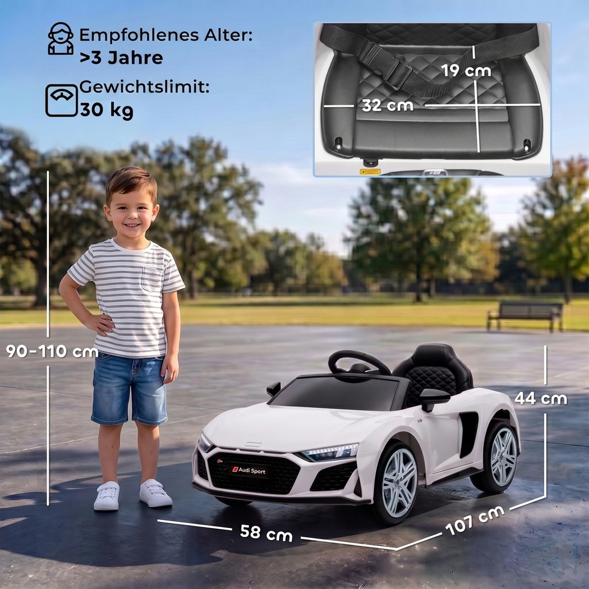Kinder Elektroauto 12V Kinderauto mit Fernbedienung Lithium-Akku 2 Motor Sanftanlauf Hinterradfederung Weiß