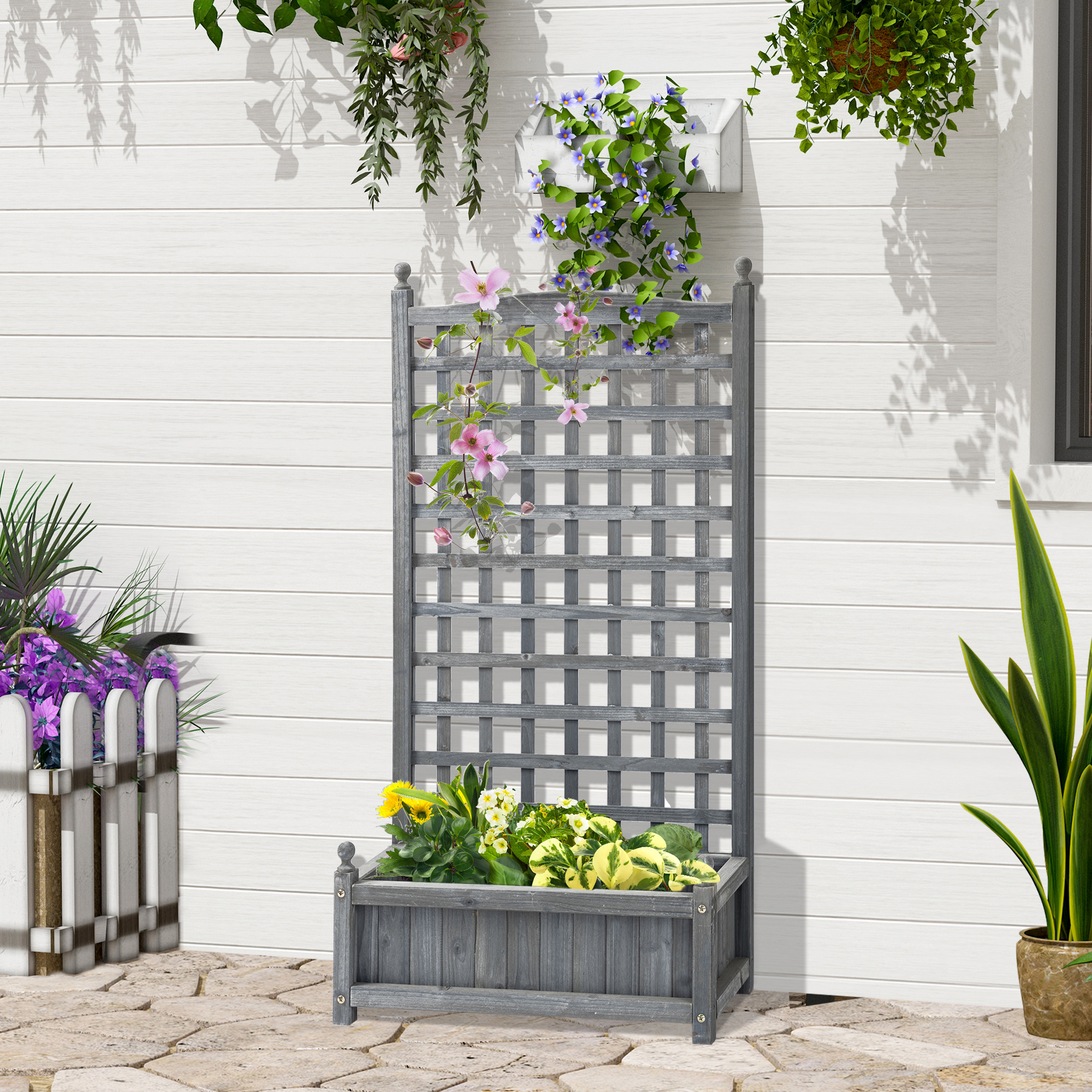 Hochbeet Pflanzkasten mit Rankgitter Blumenkasten Rankkasten Rosenbogen mit  Rankhilfe für Kletterpflanzen Garten Holz Grau 64 x 28 x 120 cm