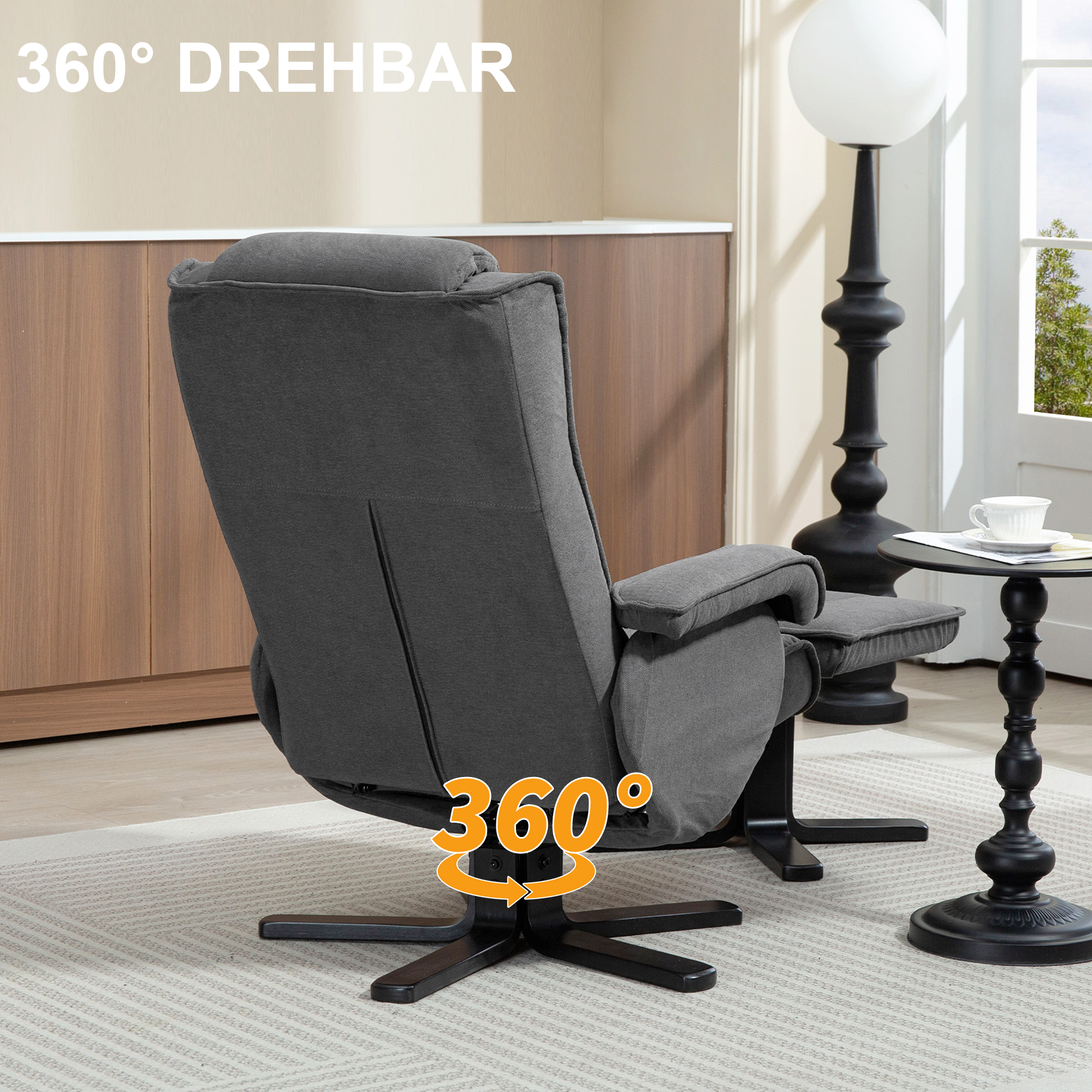 Schaukelbarer Relaxsessel mit Fußhocker, Stoffbezug in Samtoptik, drehbarer Polstersessel, Holzgestell, Grau
