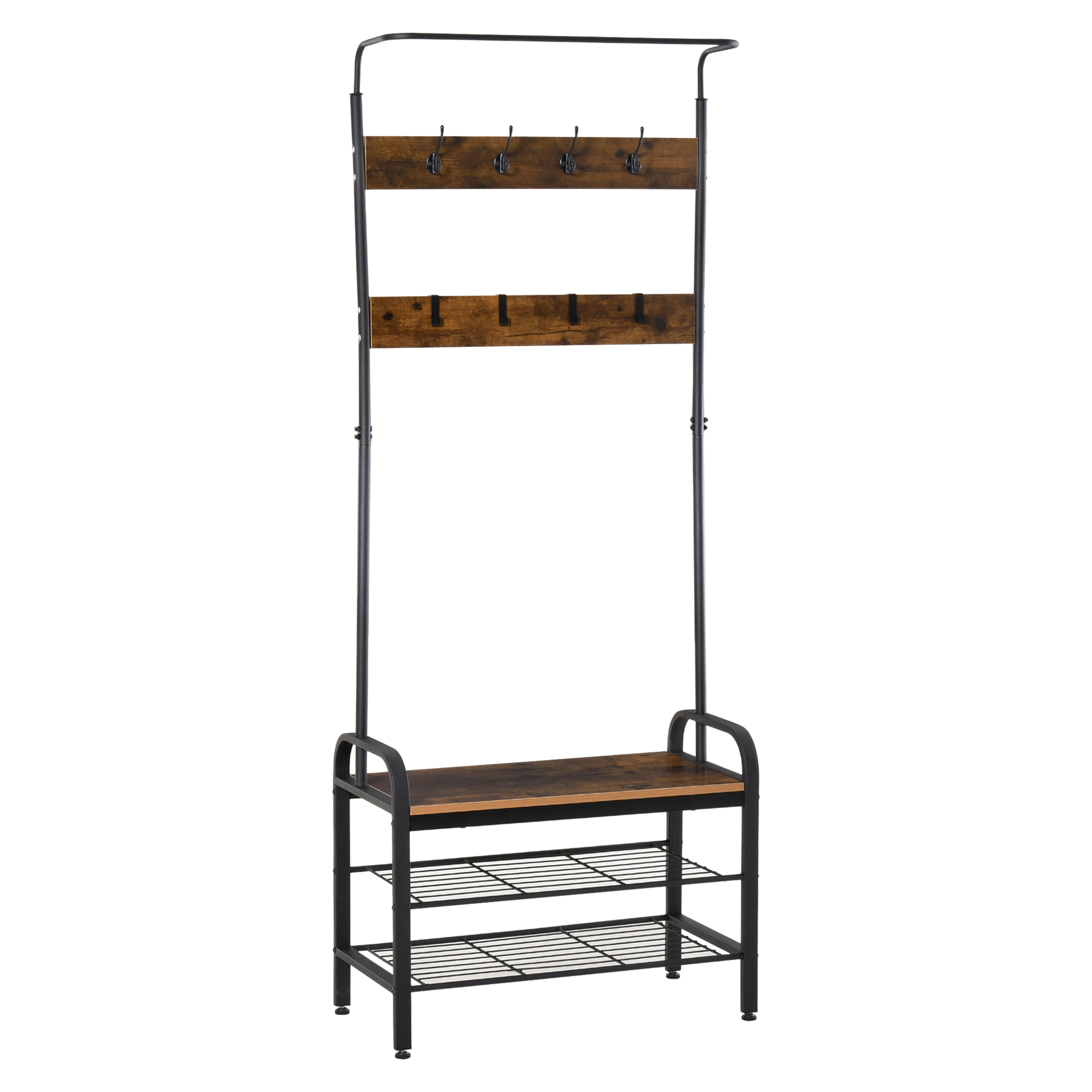 Garderobenständer Schuhregal Kleiderständer mit 8 Haken 2 Ablagen MDF Schwarz 72 x 34 x 185 cm
