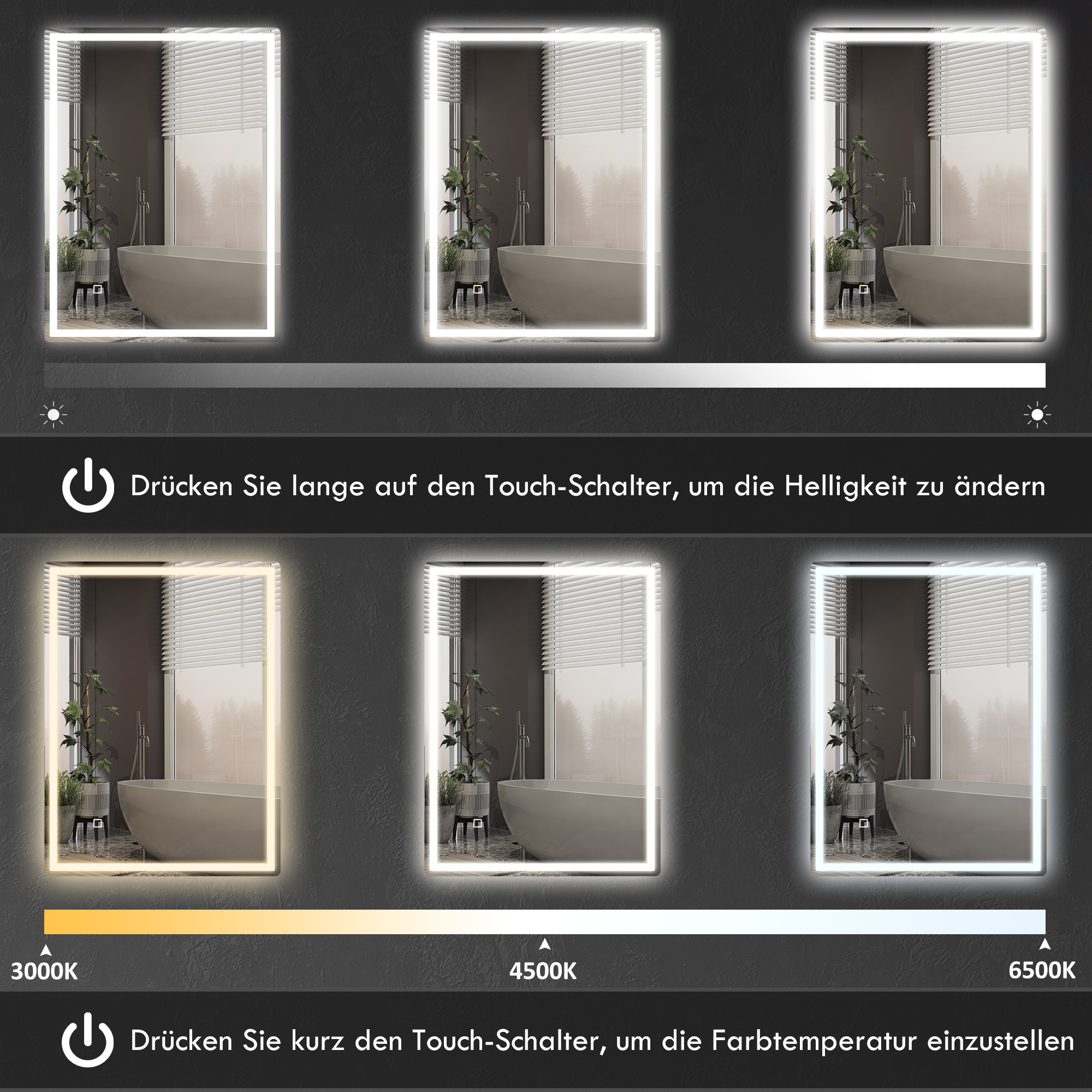 Badspiegel Badezimmerspiegel Wandspiegel LED´s. Ber, gsschalter, Antibeschlagfunktion, 60 x 80 x 4 cm, Weiß