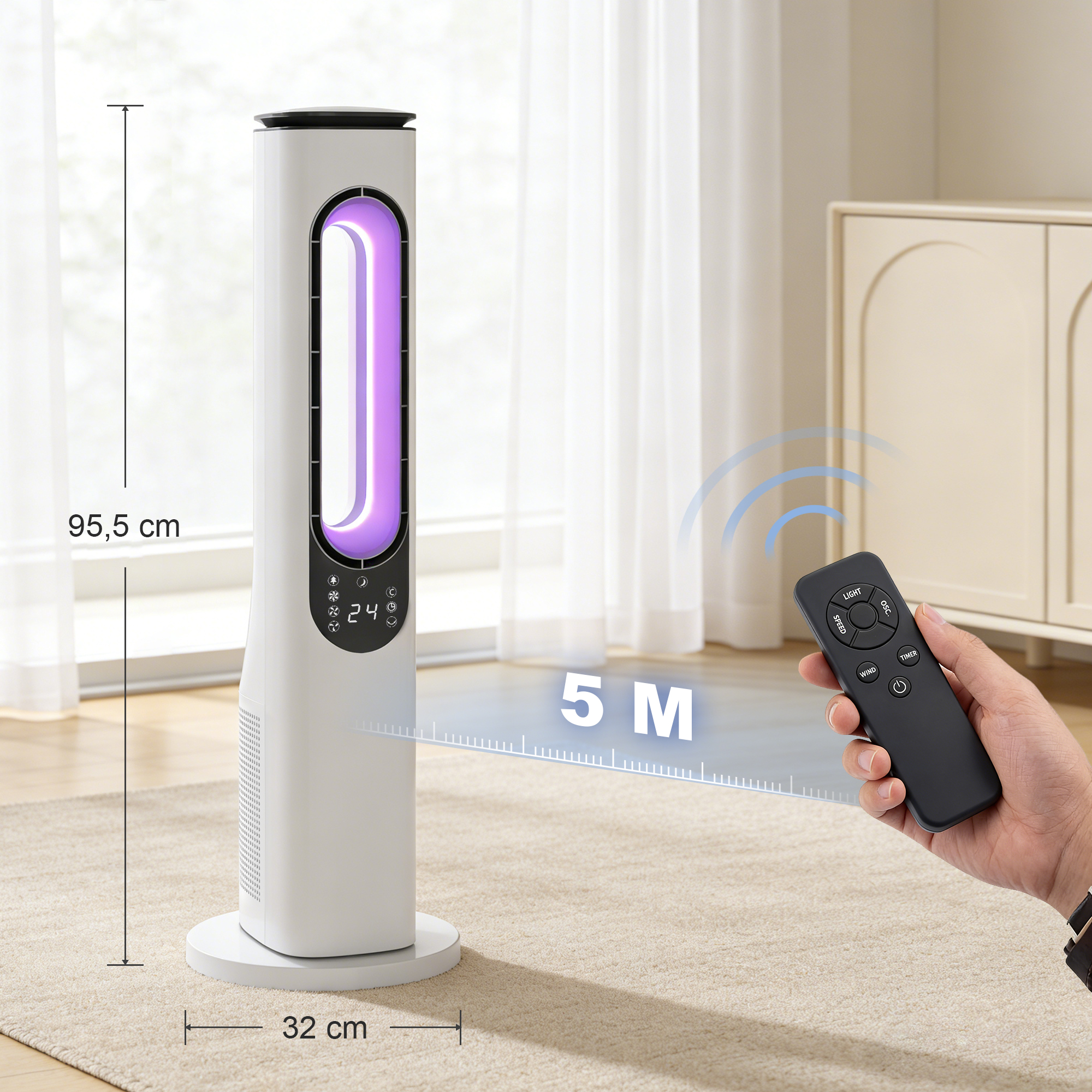 rotorloser Turmventilator für Schlafzimmer, 35 dB leiser Standventilator mit 50° Oszillation, LED-Leuchten, 3 Geschwindigkeiten, 15-Stunden-Timer, Weiß