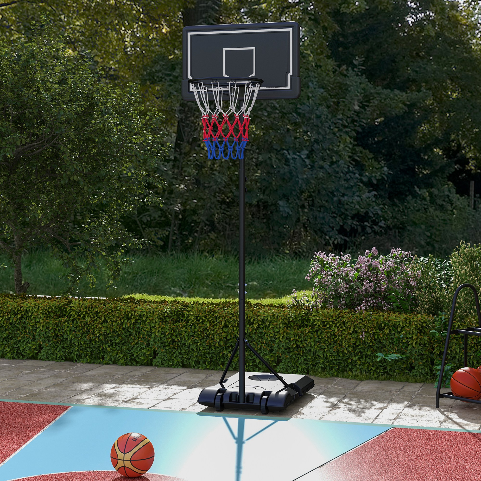Basketballständer, höhenverstellbar, mobil, befüllbar, bruchsichere Rückwand, Korbhöhe 1,82 - 2,13 m, Schwarz