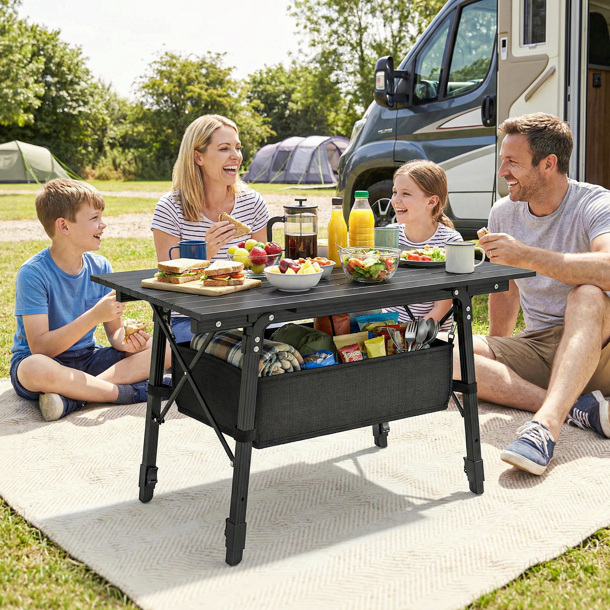 Campingtisch mit Aufbewahrungskorb, höhenverstellbar, faltbar, Aluminium, Schwarz