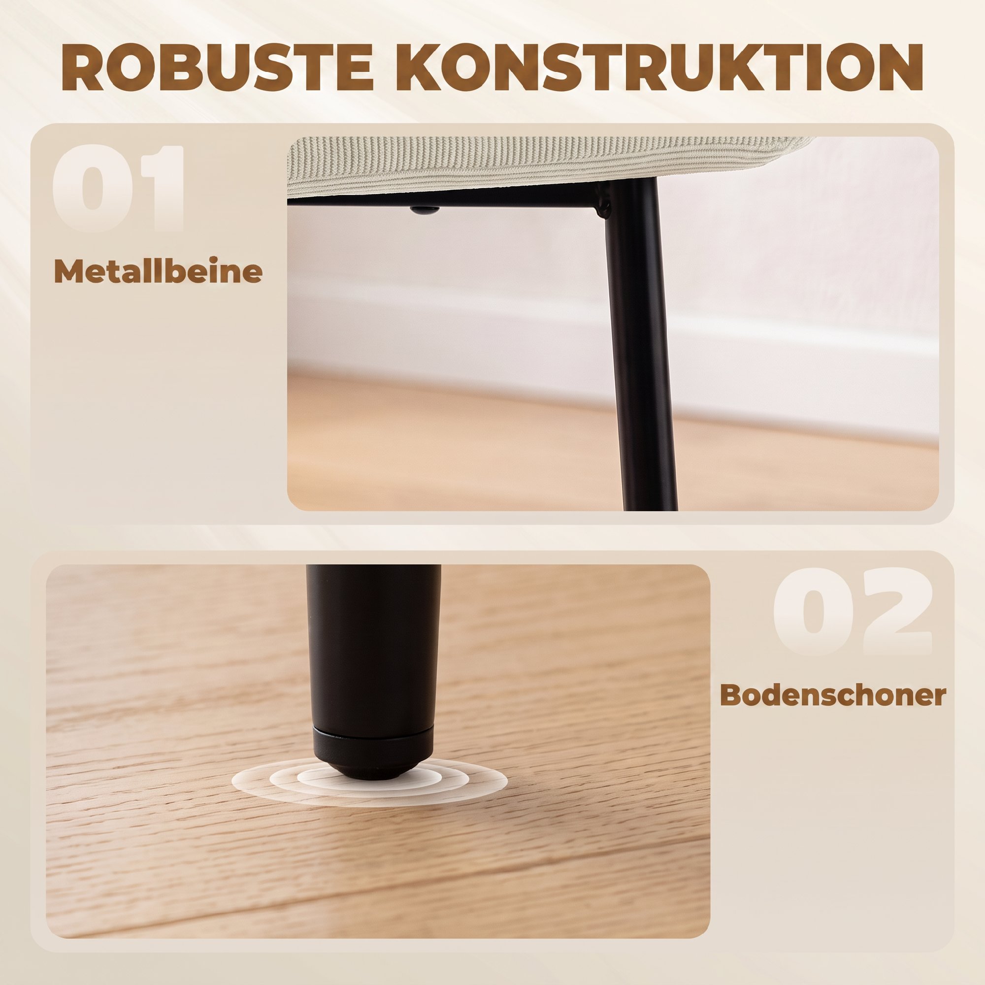 Esszimmerstühle 2er-Set, gepolsterte Küchenstühle mit Metallbeinen, cremeweiß