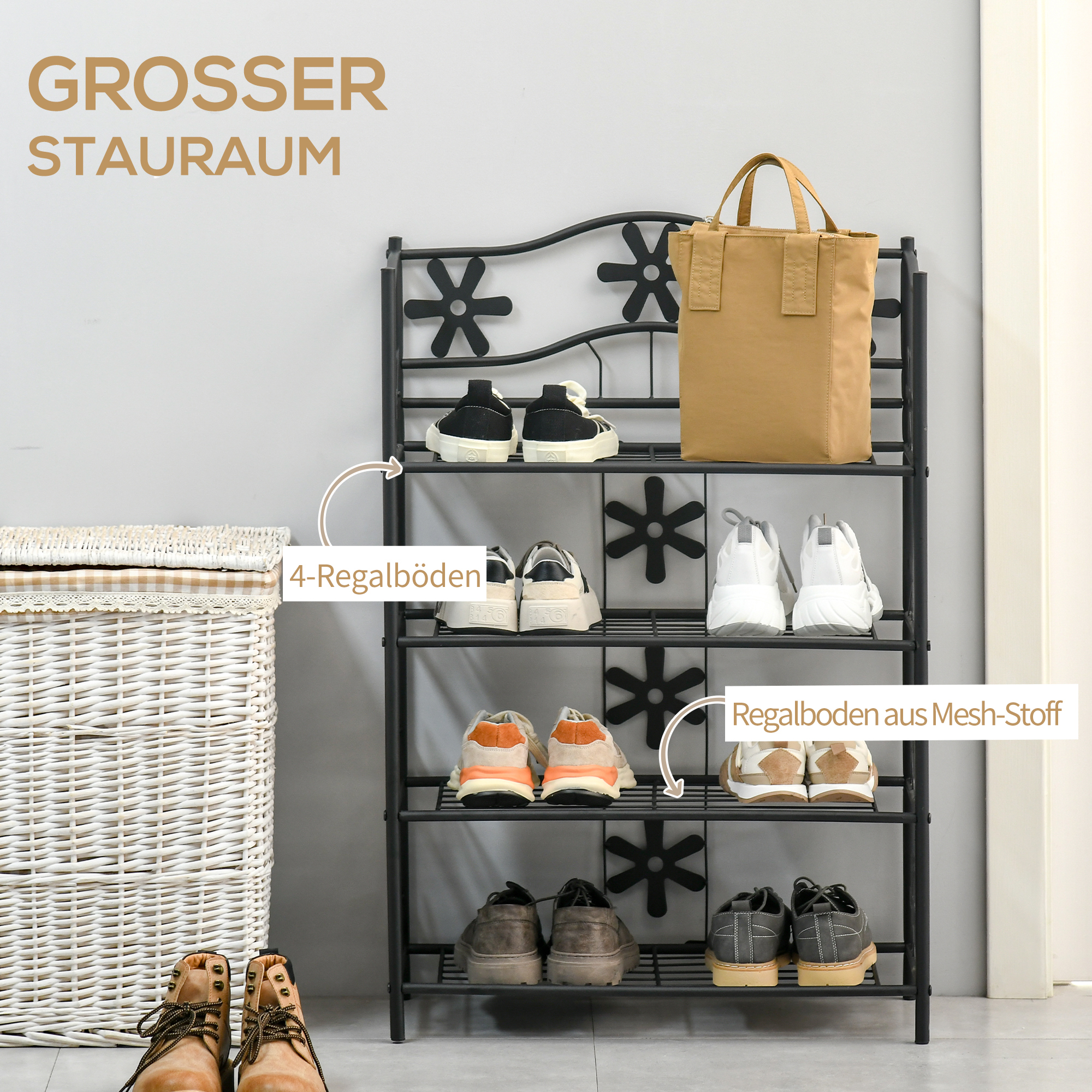kleines Schuhregal Platzsparend Blumenregal Pflanzentreppe Standregal Ständer 4 Etagen Metall Schwarz 59,5 x 30 x 92 cm