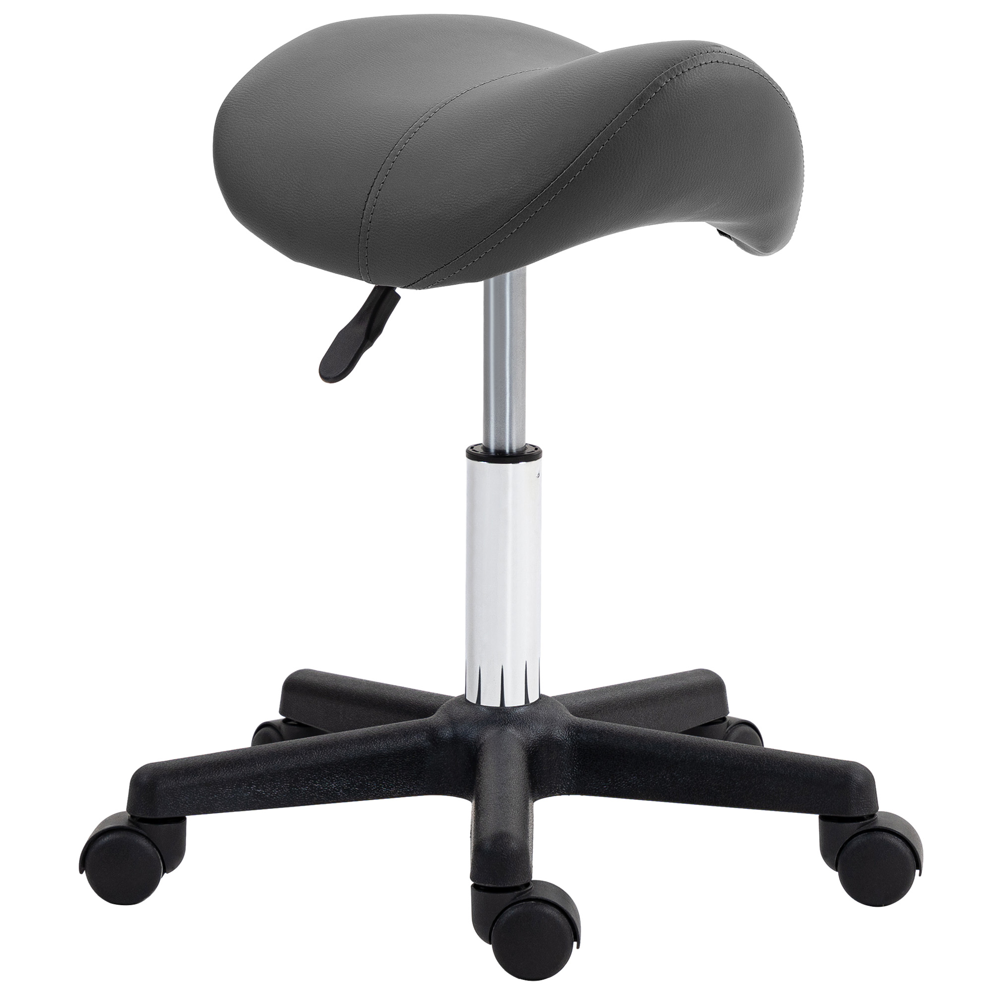 Rollhocker, sattelförmiger Sitz, höhenverstellbar, um 360° drehbar, Kunstleder, grau, 48 x 47 x 45-59 cm Rollhocker, sattelförmiger Sitz, höhenverstellbar, um 360° drehbar, Kunstleder, grau, 48 x 47 x 45-59 cm