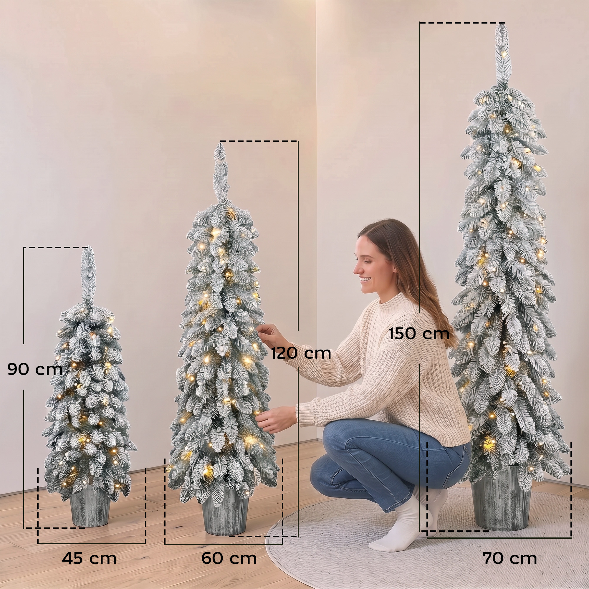 3er-Set beschneite künstliche Weihnachtsbäume, vorbeleuchtet mit PVC-Zweigspitzen und warmweißen LED-Lichtern